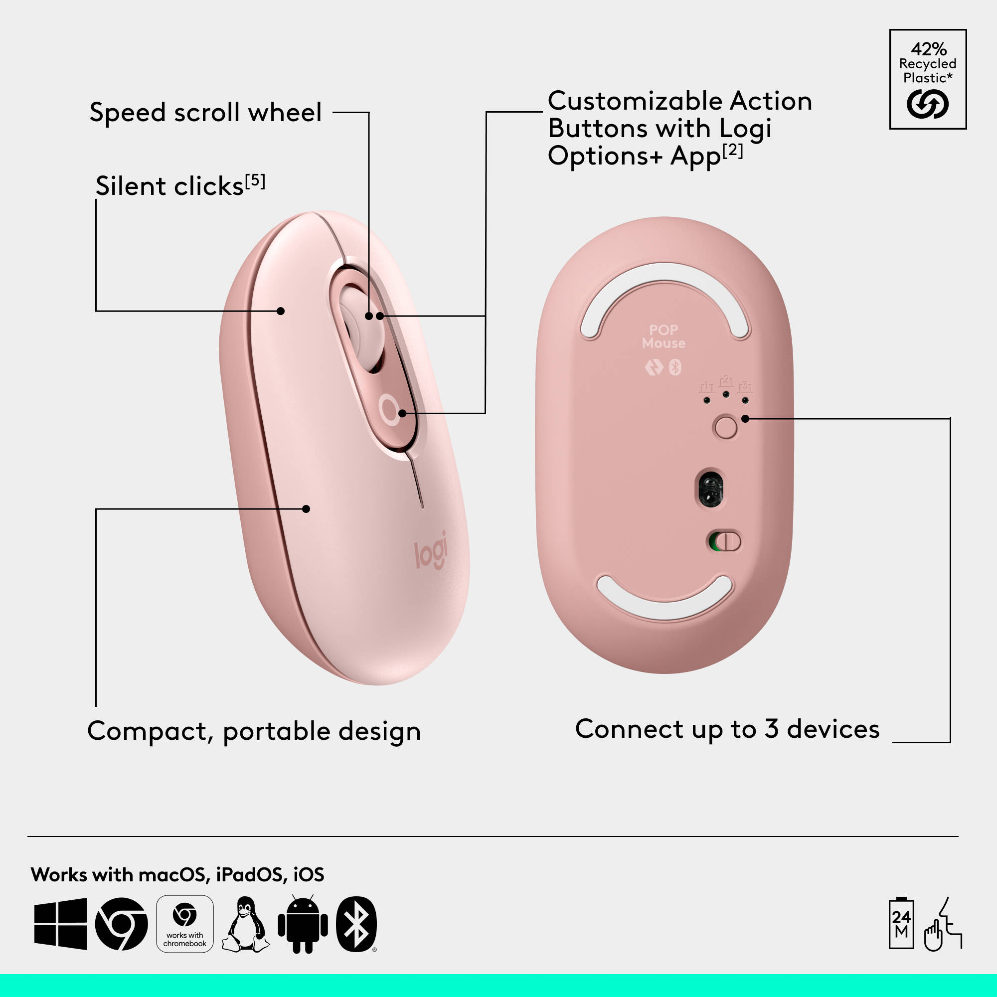 Logitech POP Icon Combo wireless keyboard and mouse set in Rose Off White — view 7