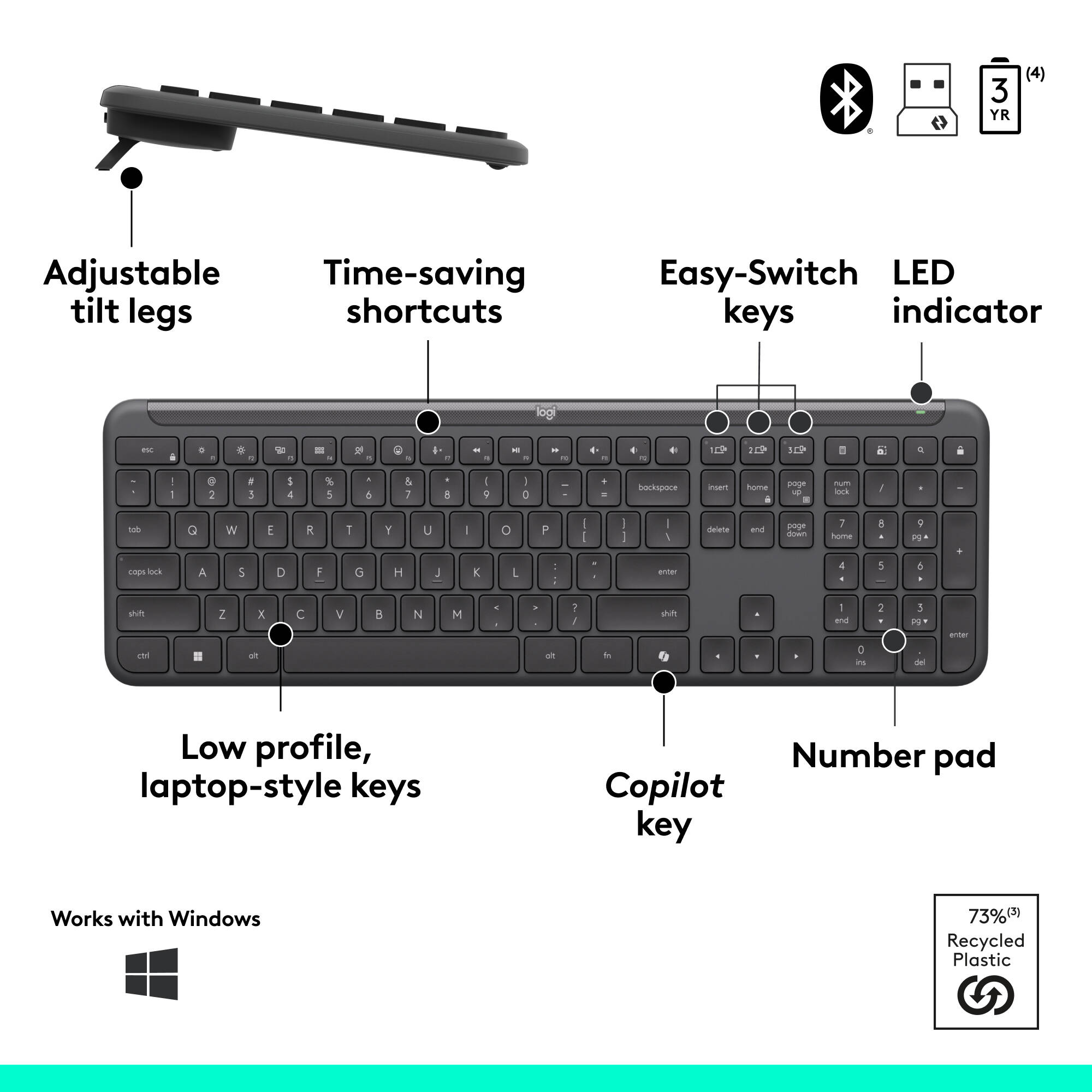 Logitech MK955 for Business Copilot wireless keyboard and mouse combo for business productivity — view 6