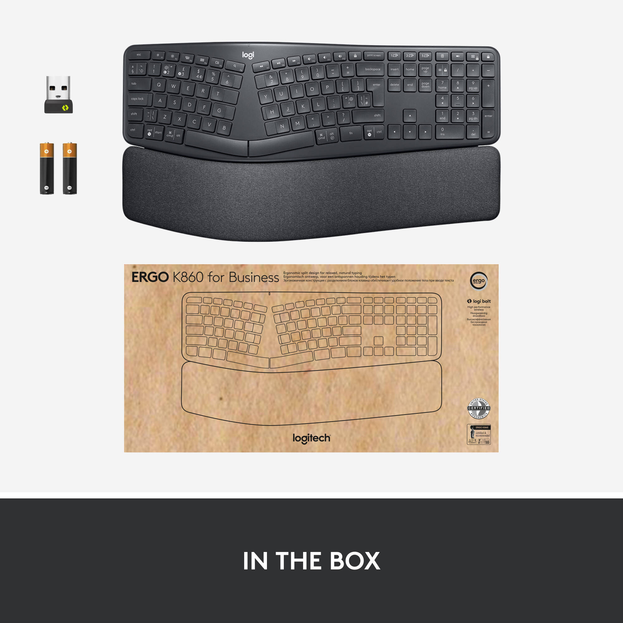 Logitech Ergo K860 Business BOLT ergonomic wireless keyboard with split layout and palm support — view 10