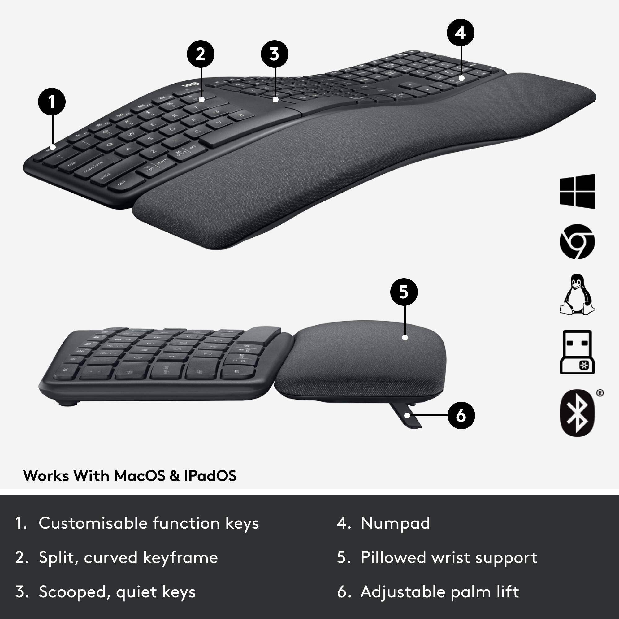 Logitech Ergo K860 Business BOLT ergonomic wireless keyboard with split layout and palm support — view 6