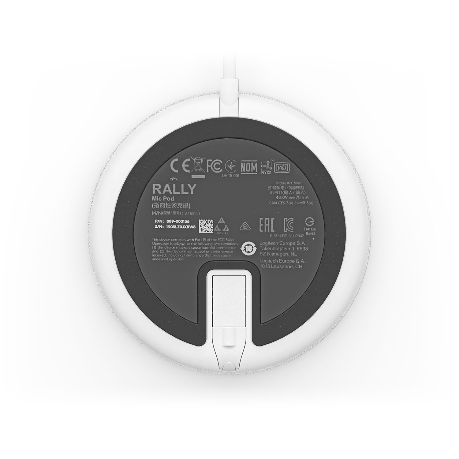 Logitech Rally Mic Pod in white for tabletop conference room audio capture — view 3