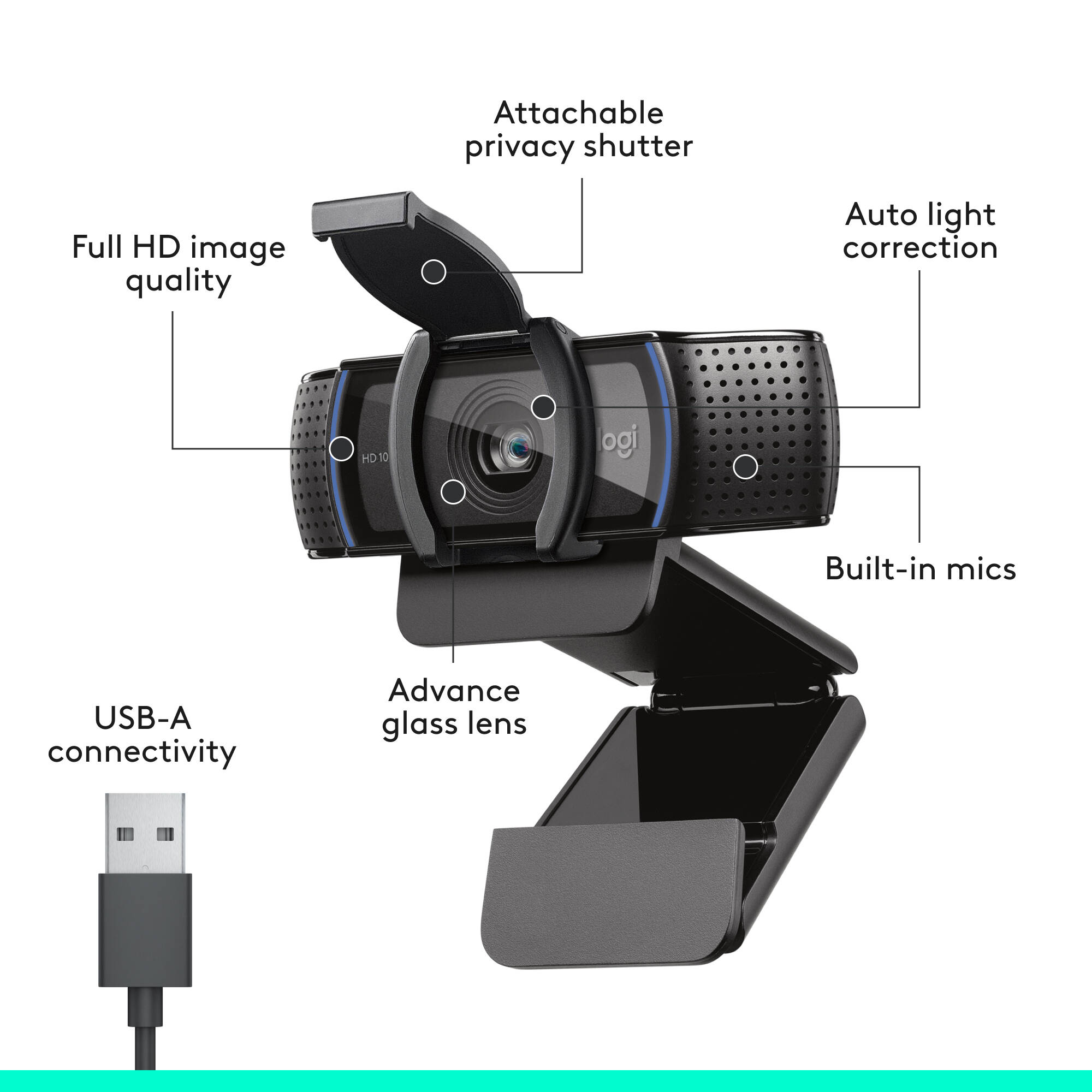 Logitech Pro HD Webcam C920S with 1080P video, dual microphones, and privacy shutter — view 6