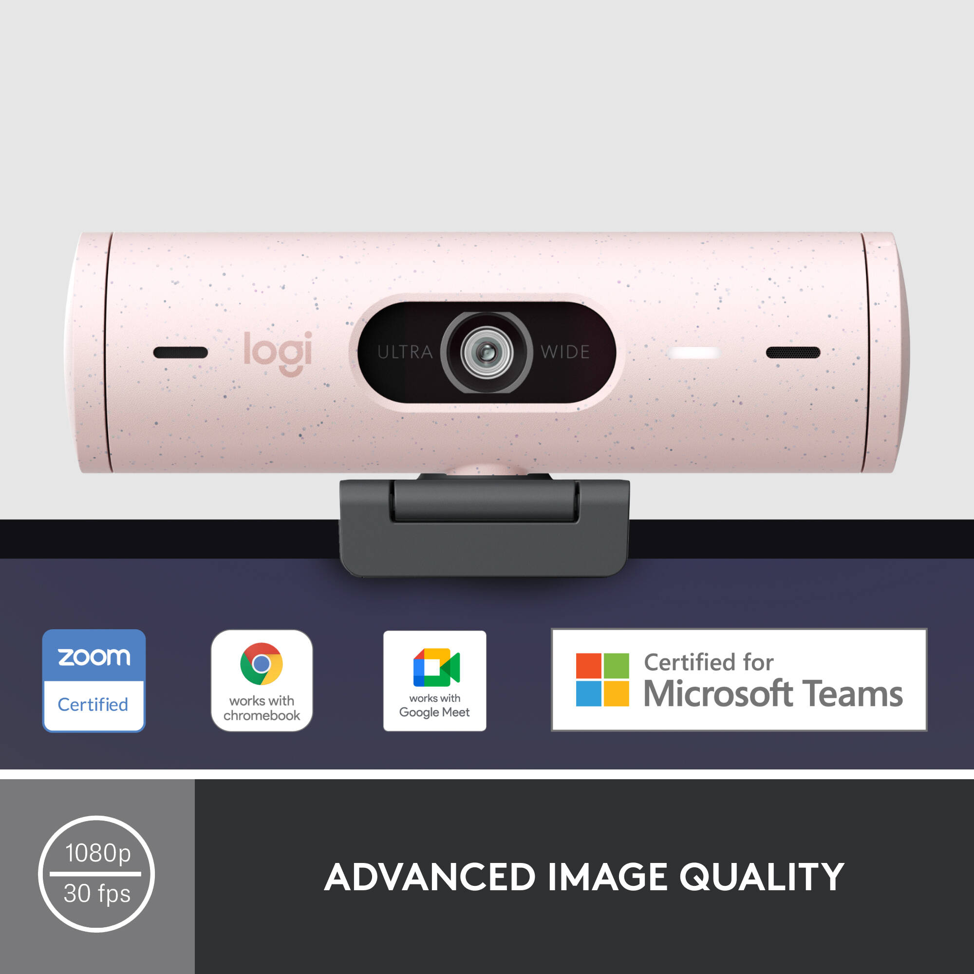 Logitech Brio 500 Webcam in Rose with clip mount for 1080p video calls — view 2