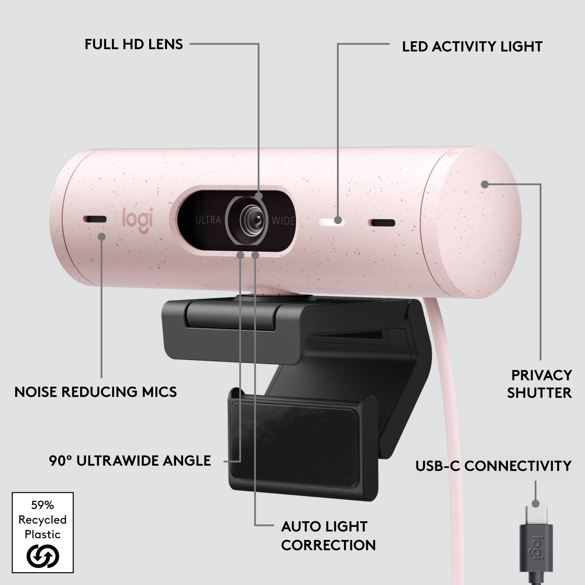 Logitech Brio 500 Webcam in Rose with clip mount for 1080p video calls — view 7