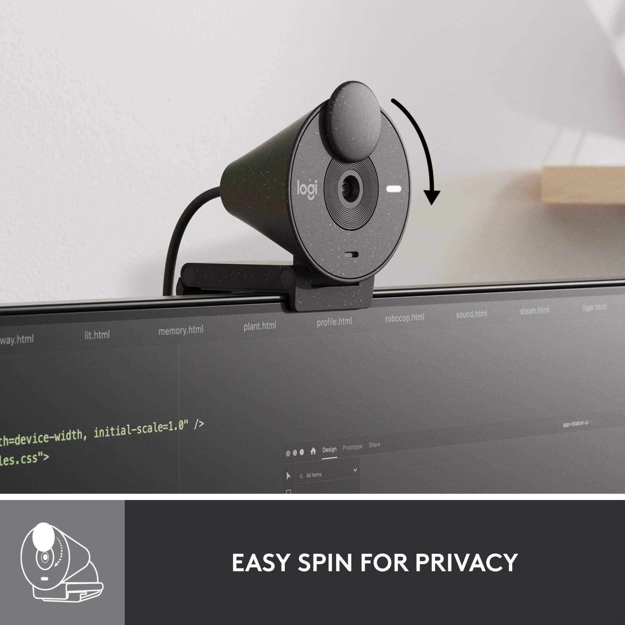 Logitech Brio 300 webcam in graphite with compact clip mount and privacy shutter — view 10