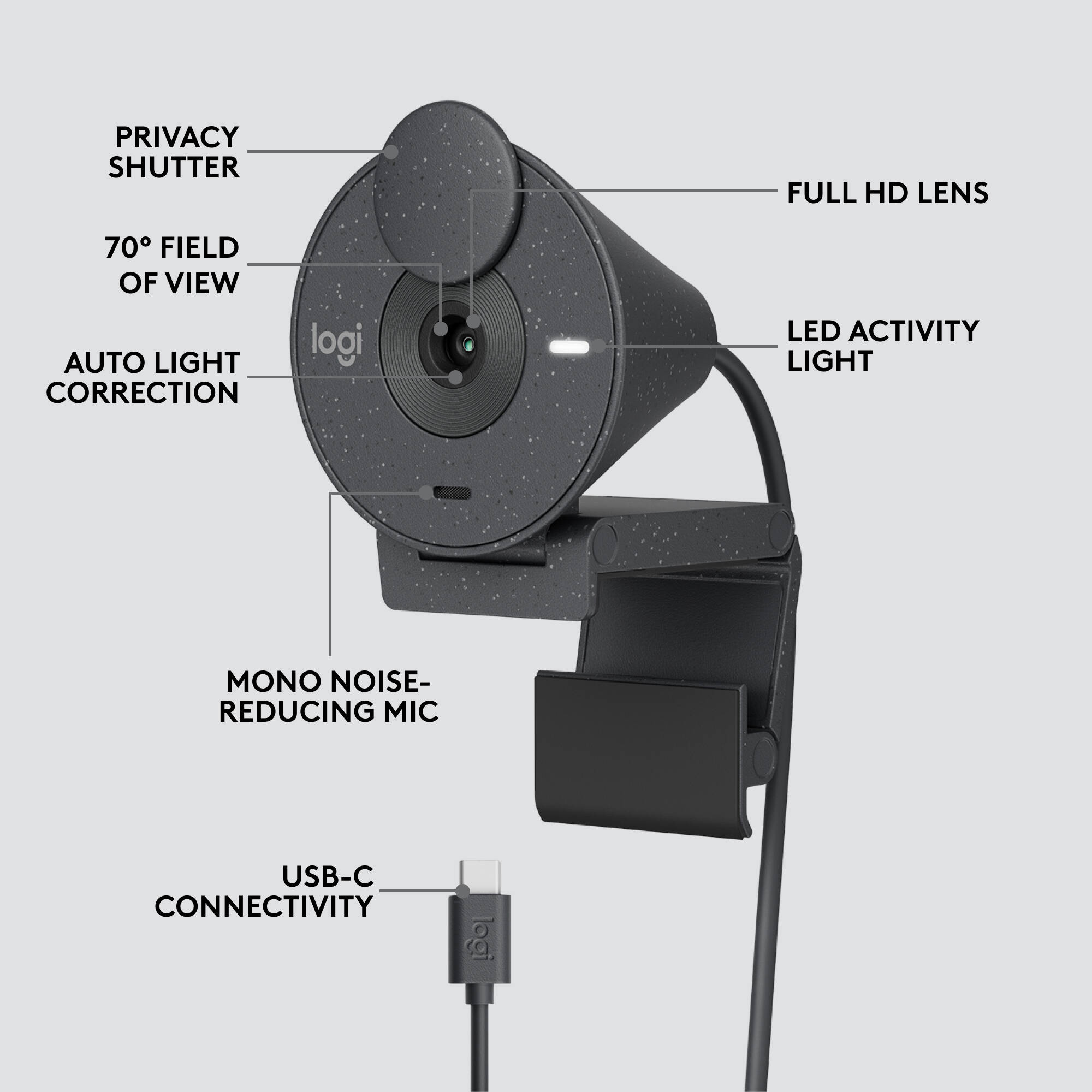 Logitech Brio 300 webcam in graphite with compact clip mount and privacy shutter — view 11