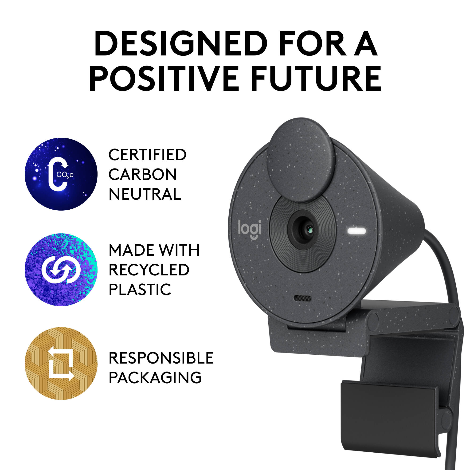 Logitech Brio 300 webcam in graphite with compact clip mount and privacy shutter — view 13