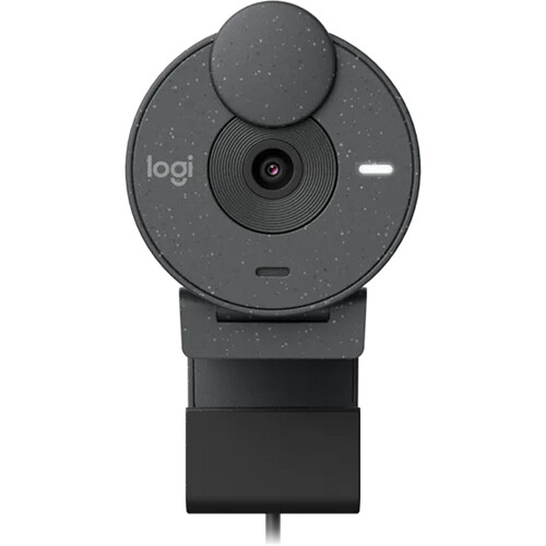 Logitech Brio 300 webcam in graphite with compact clip mount and privacy shutter — view 2