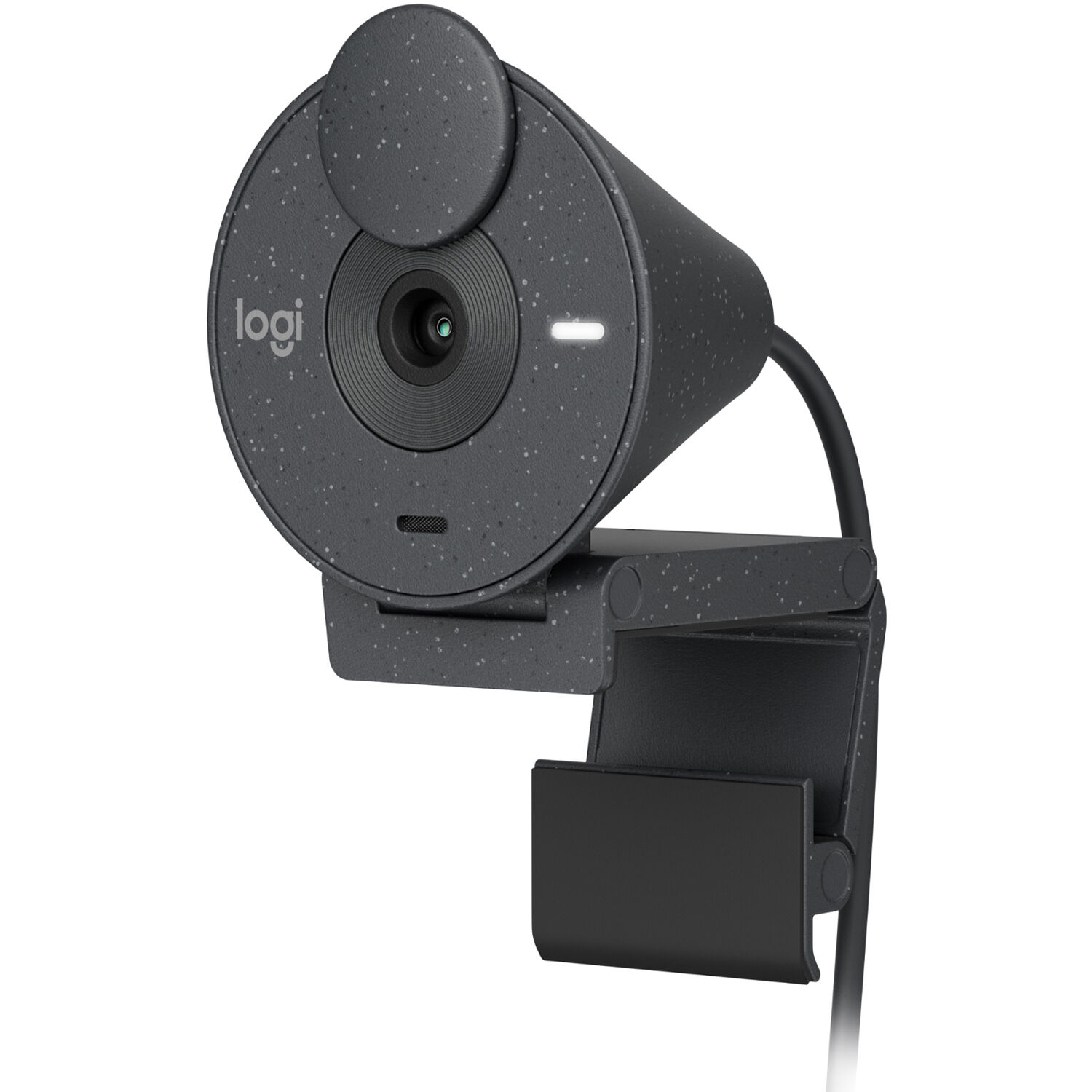 Logitech Brio 300 webcam in graphite with compact clip mount and privacy shutter — view 3