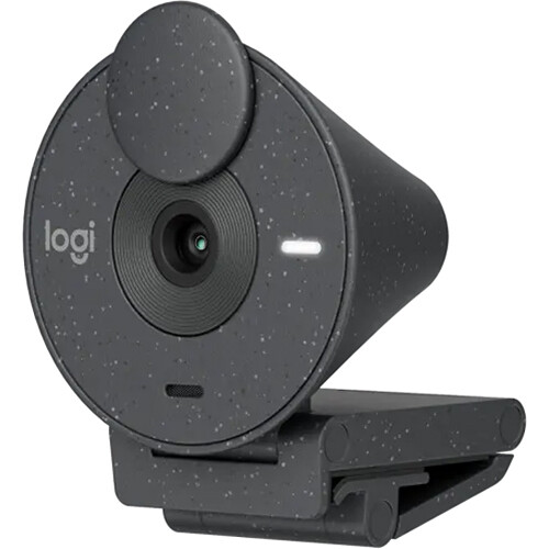 Logitech Brio 300 webcam in graphite with compact clip mount and privacy shutter — view 4