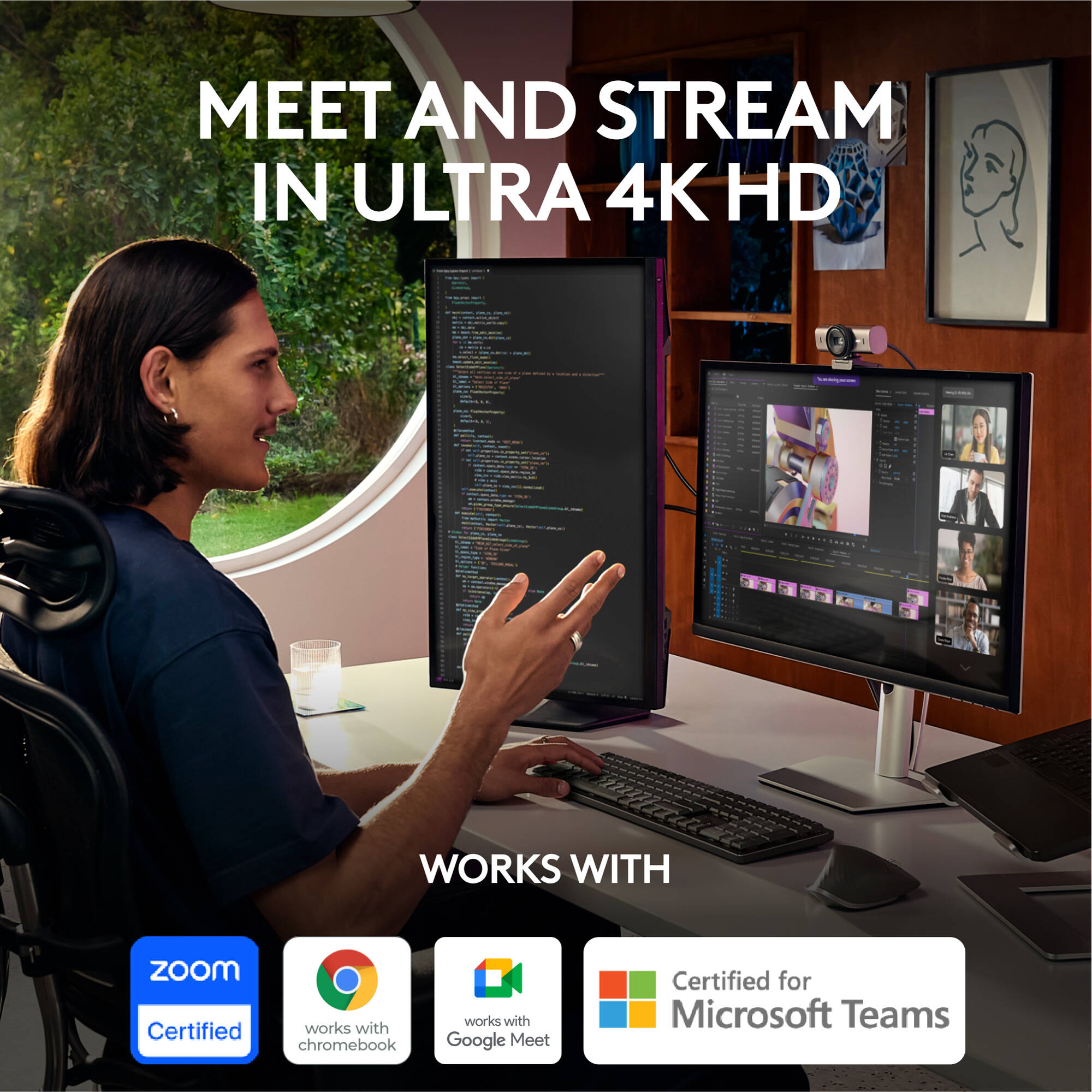 Logitech MX Brio Webcam in a premium desktop setup for 4K video conferencing — view 2