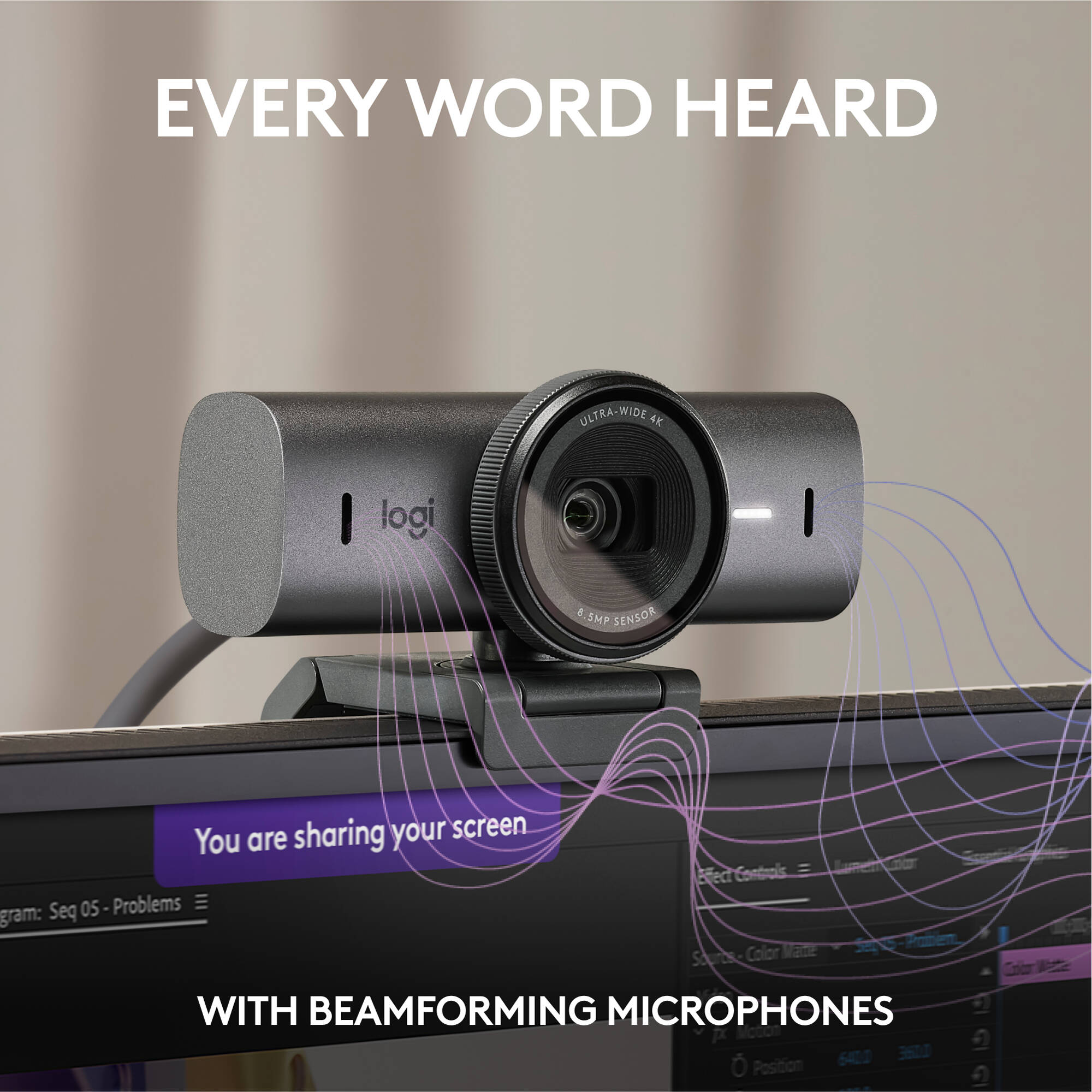 Logitech MX Brio Webcam in a premium desktop setup for 4K video conferencing — view 4