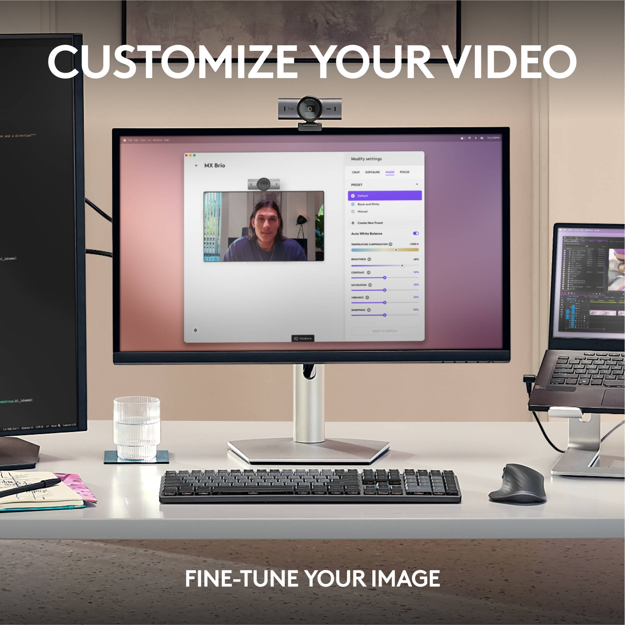 Logitech MX Brio Webcam in a premium desktop setup for 4K video conferencing — view 5