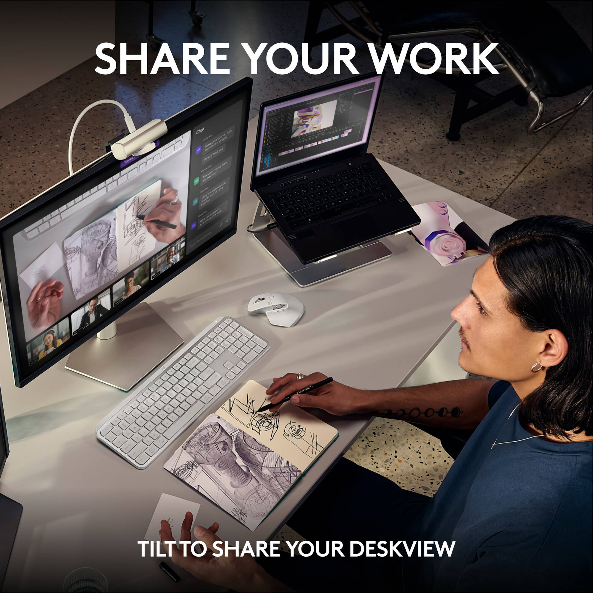 Logitech MX Brio Webcam in a premium desktop setup for 4K video conferencing — view 7