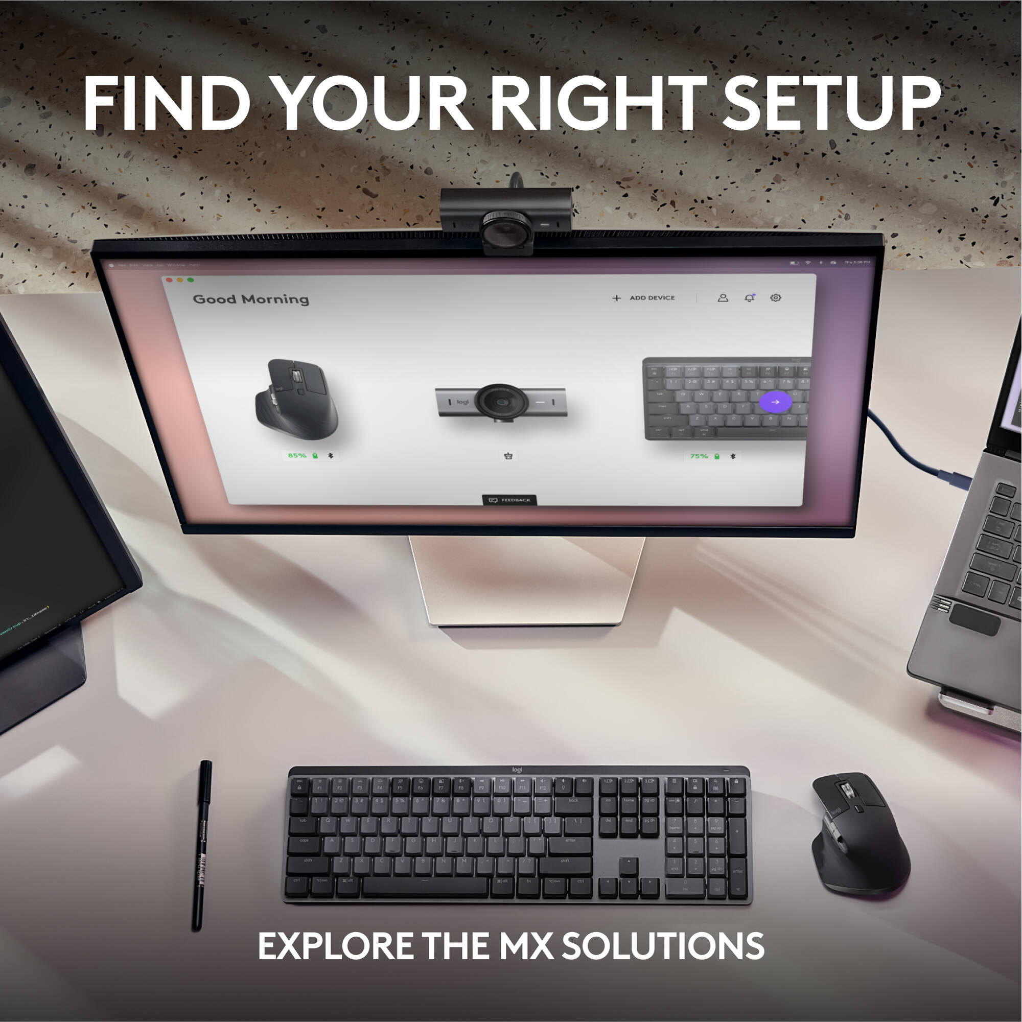 Logitech MX Brio Webcam in a premium desktop setup for 4K video conferencing — view 9