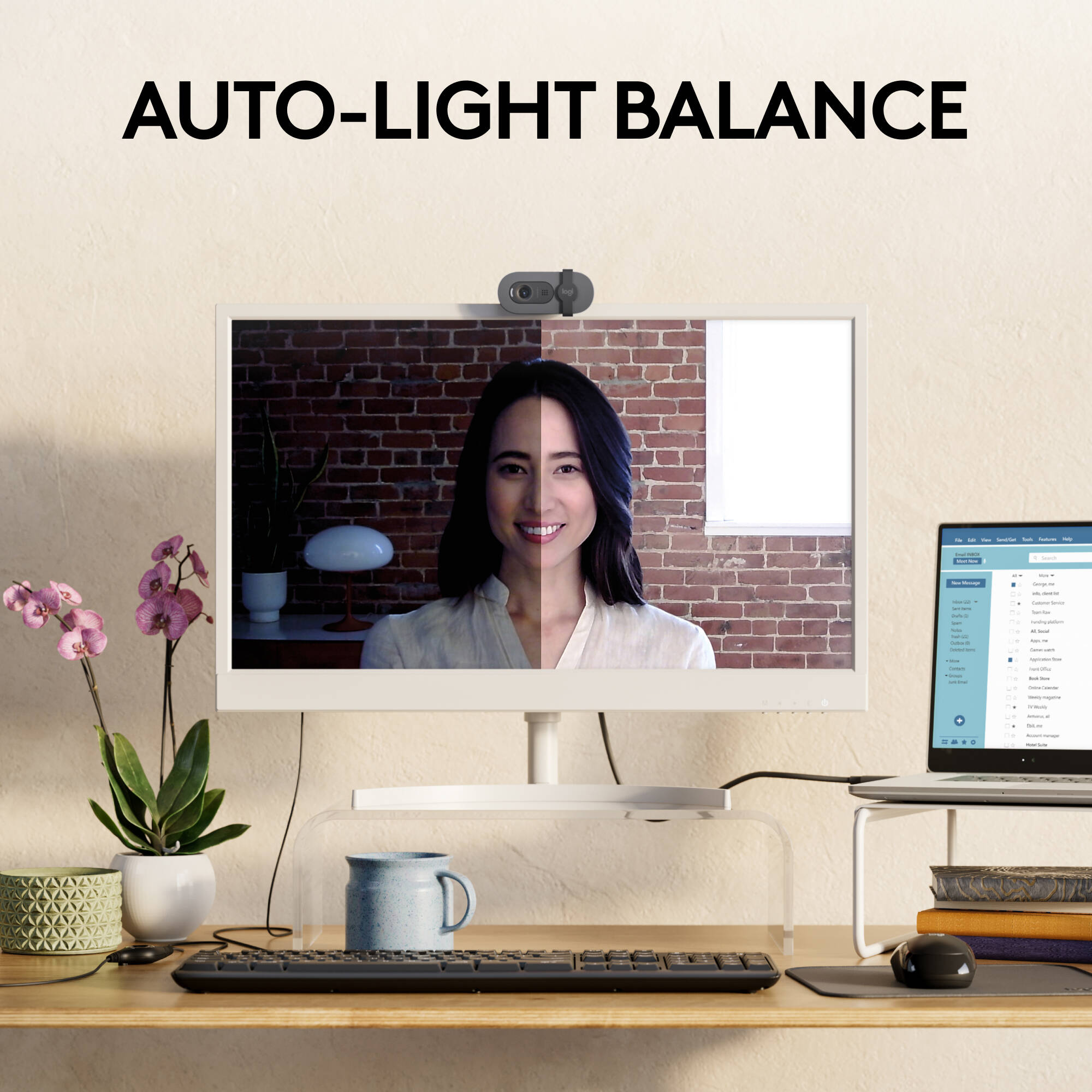 Logitech Brio 100 webcam in graphite with privacy shutter and clip-on mount — view 3