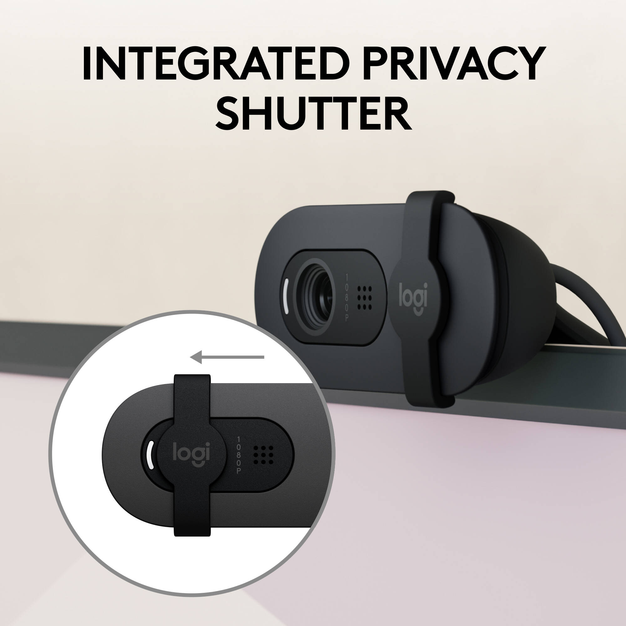Logitech Brio 100 webcam in graphite with privacy shutter and clip-on mount — view 4