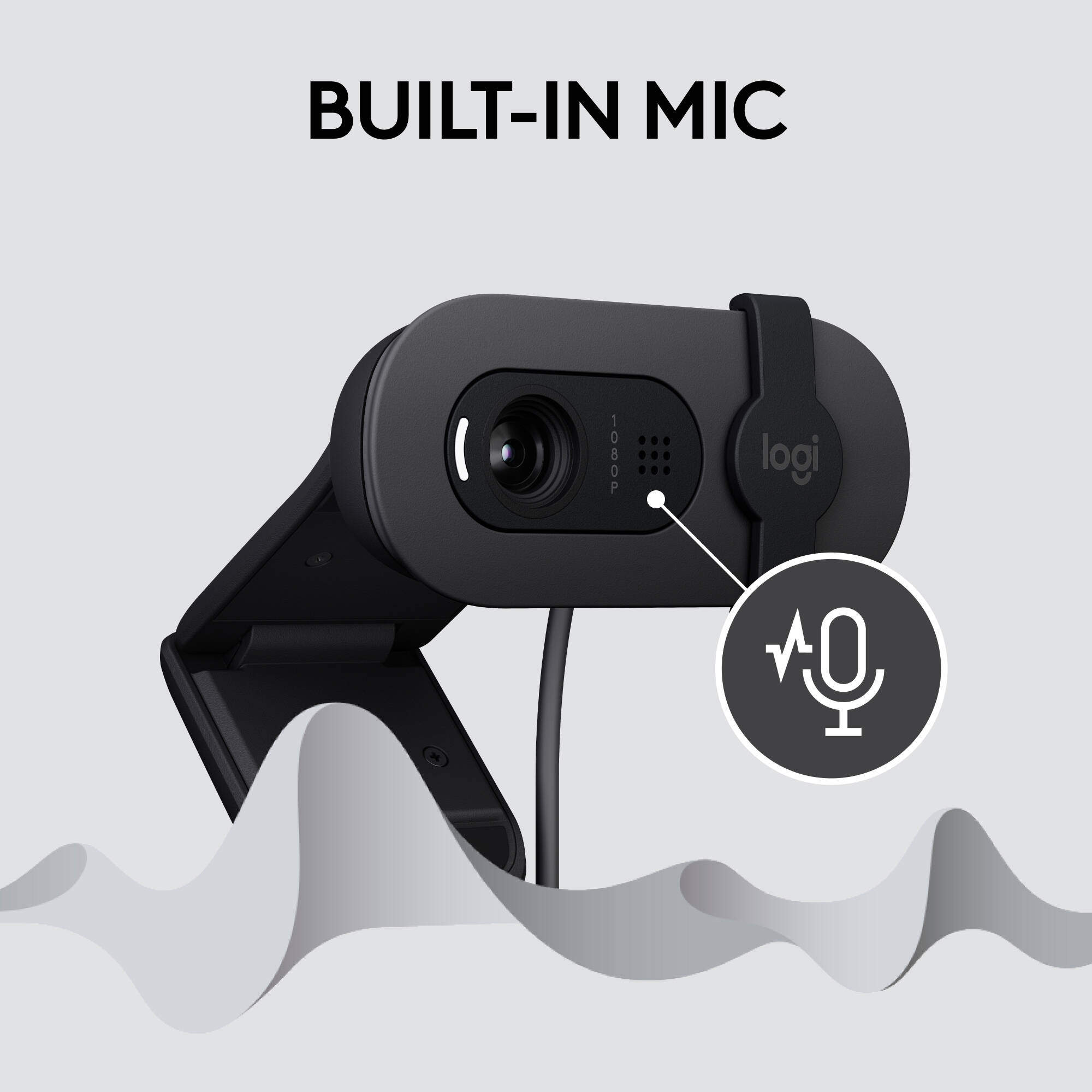 Logitech Brio 100 webcam in graphite with privacy shutter and clip-on mount — view 5