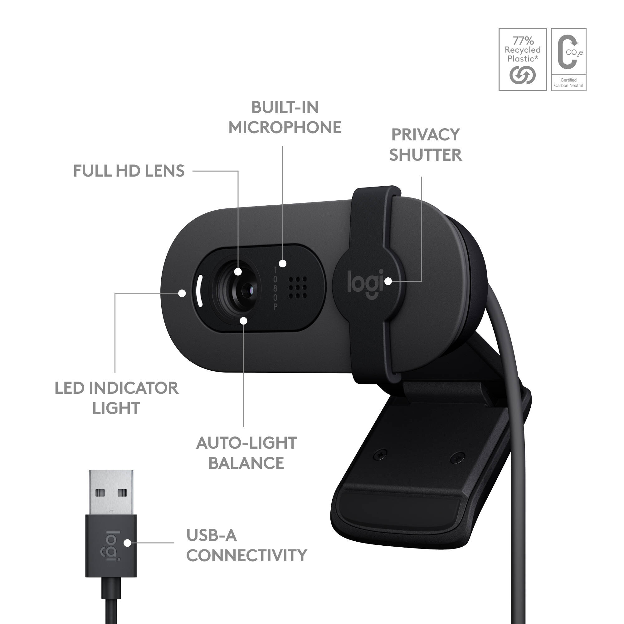 Logitech Brio 100 webcam in graphite with privacy shutter and clip-on mount — view 6
