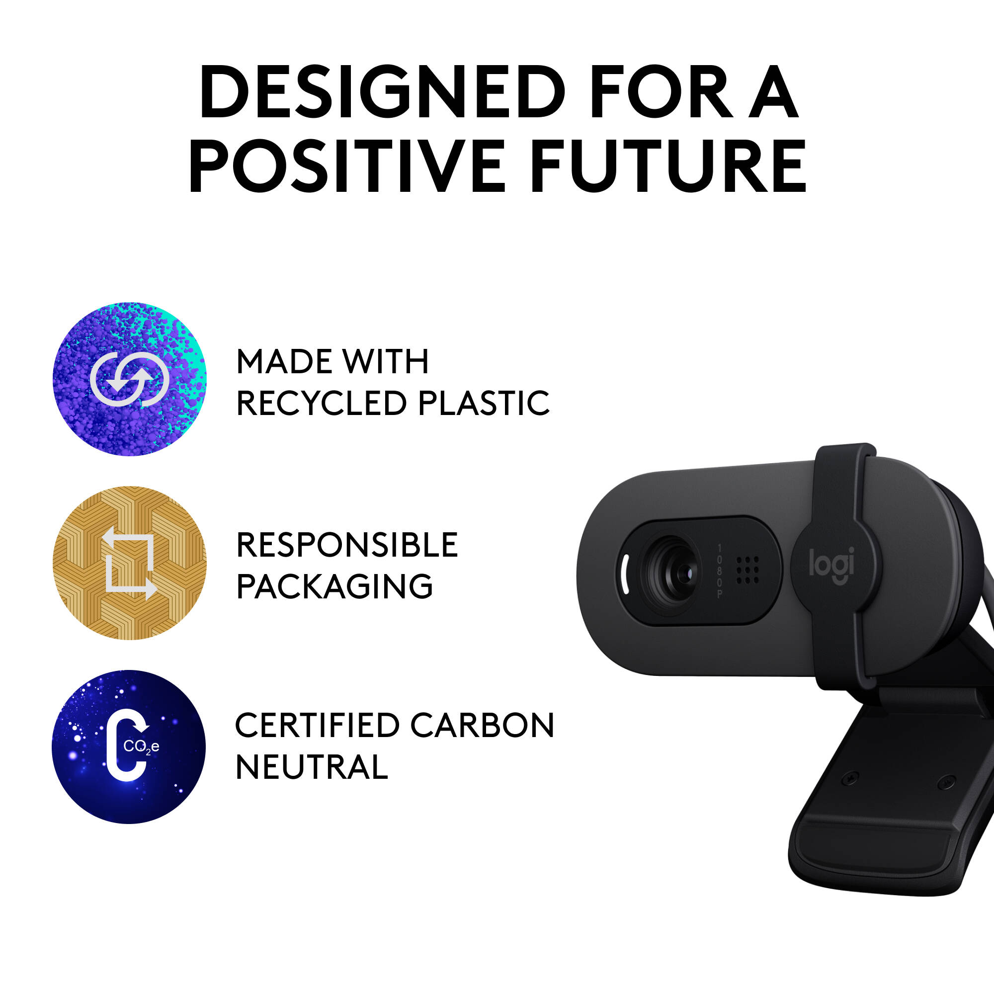Logitech Brio 100 webcam in graphite with privacy shutter and clip-on mount — view 9
