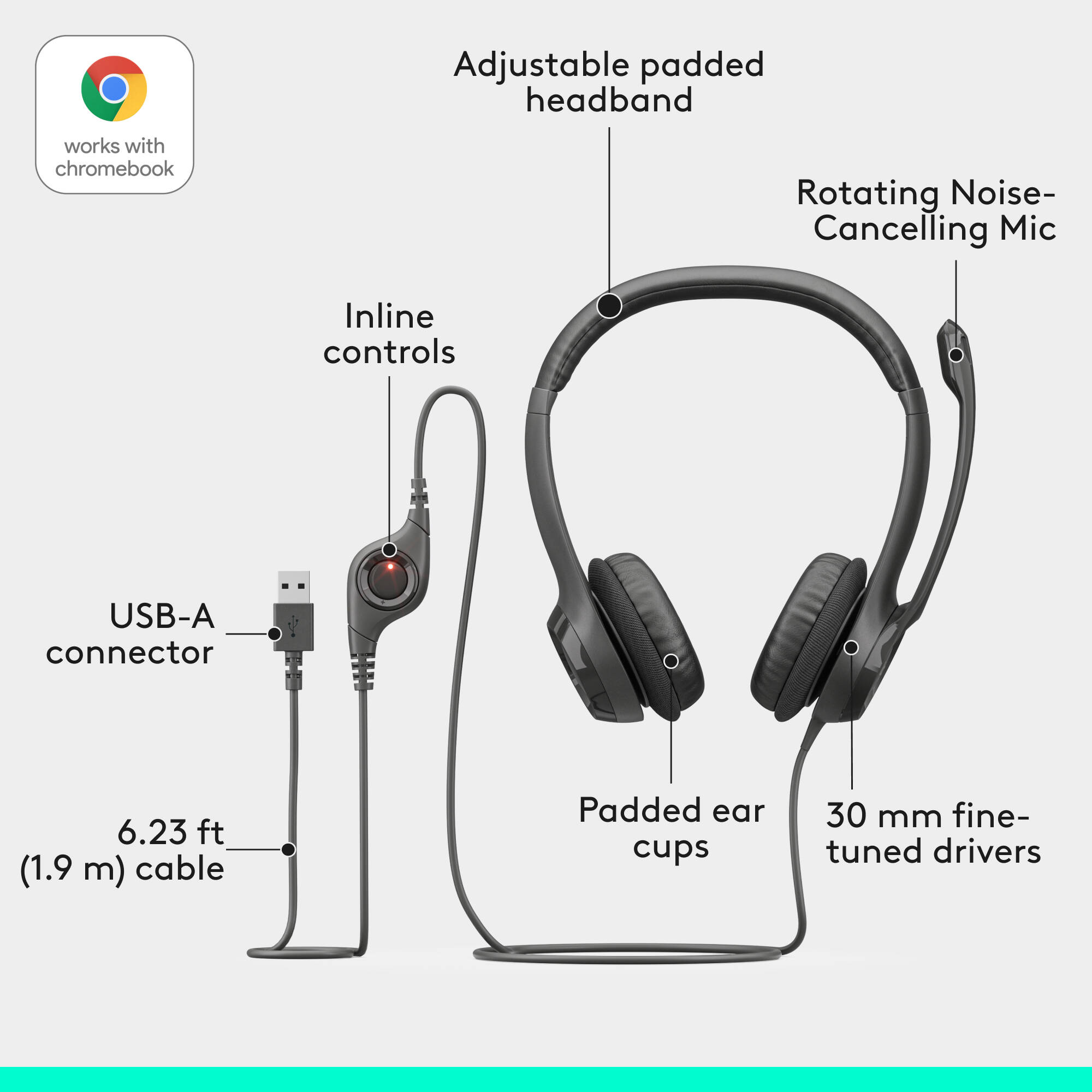 Logitech USB Headset H390 wired stereo headset with padded ear pads and noise-canceling microphone — view 5