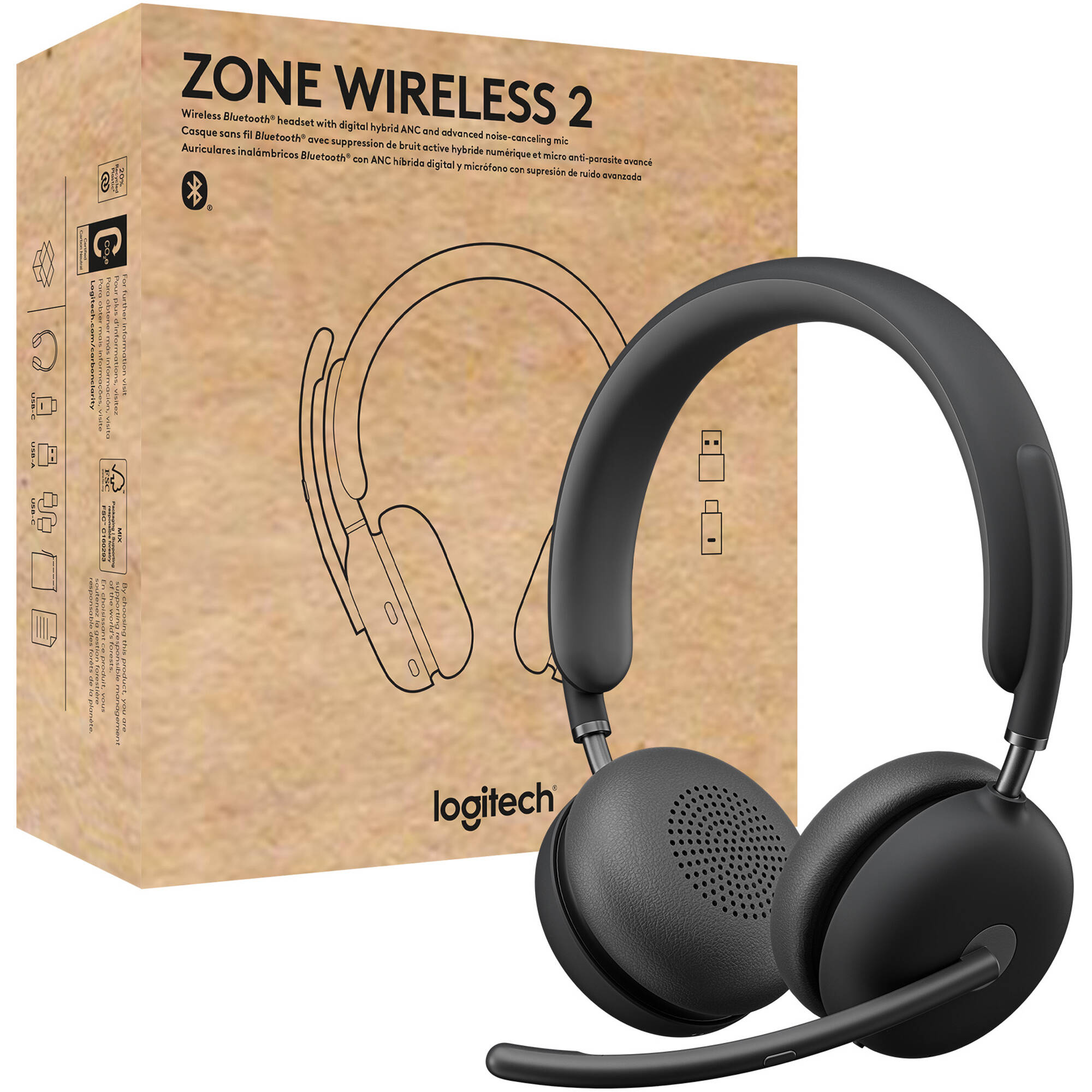 Logitech Zone Wireless 2 Teams graphite wireless headset with boom microphone — view 3