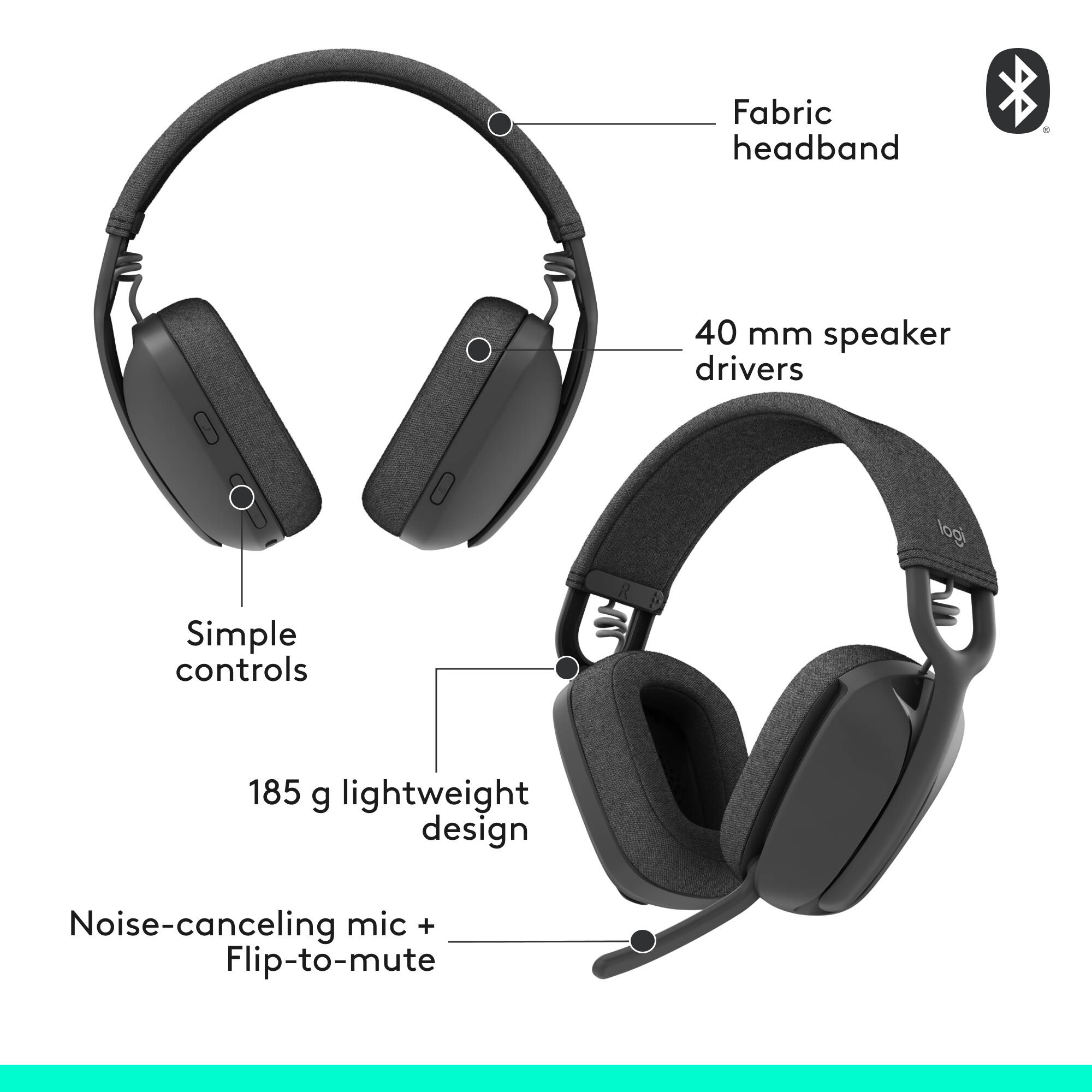 Logitech Zone Vibe 100 wireless headset in graphite with over-the-ear binaural design — view 6