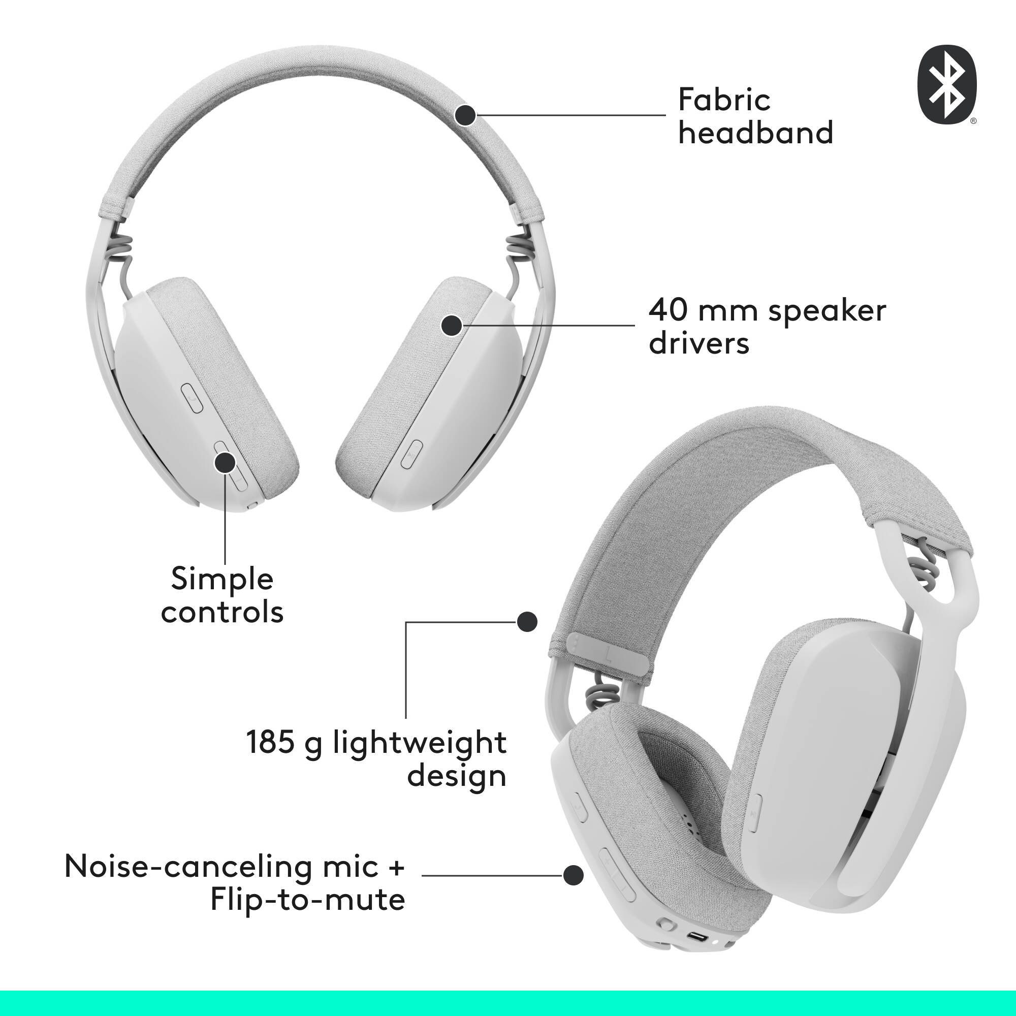 Logitech Zone Vibe 100 wireless headset in Off White with boom microphone — view 6