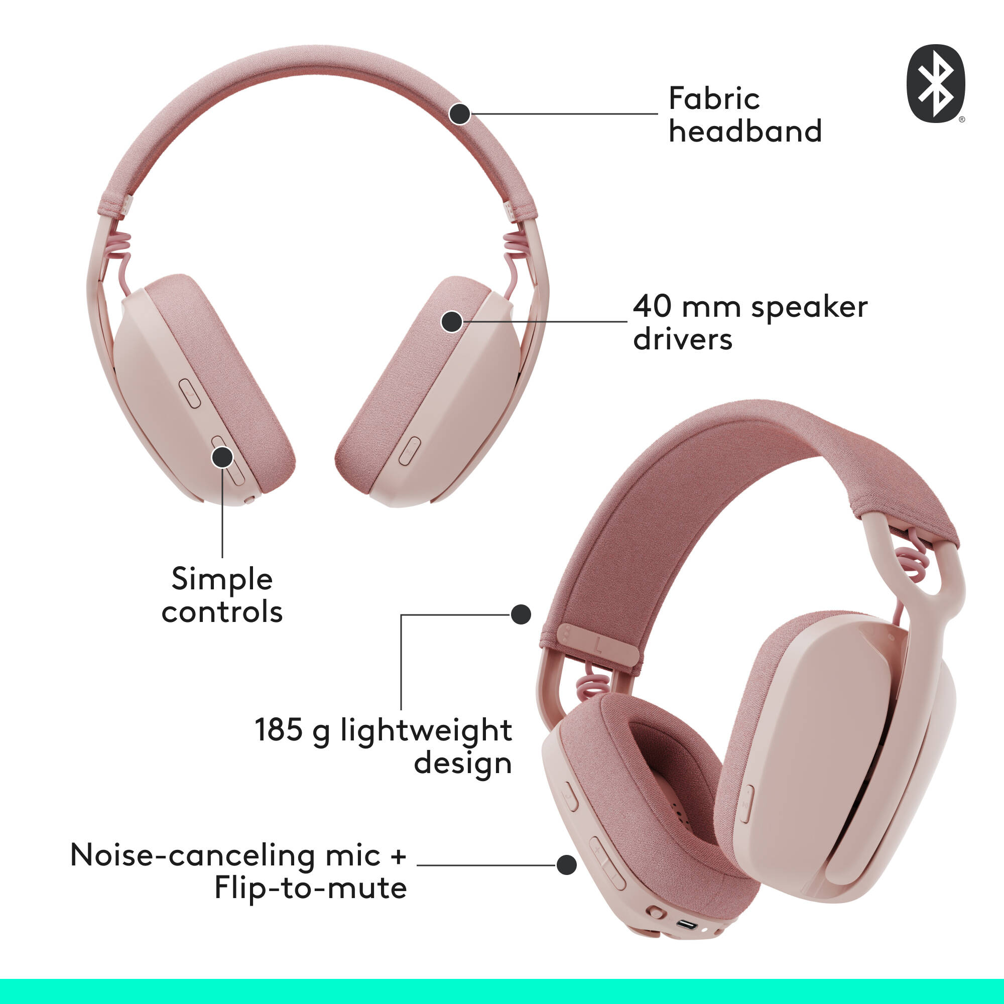 Logitech Zone Vibe 100 wireless headset in Rose with boom microphone — view 6