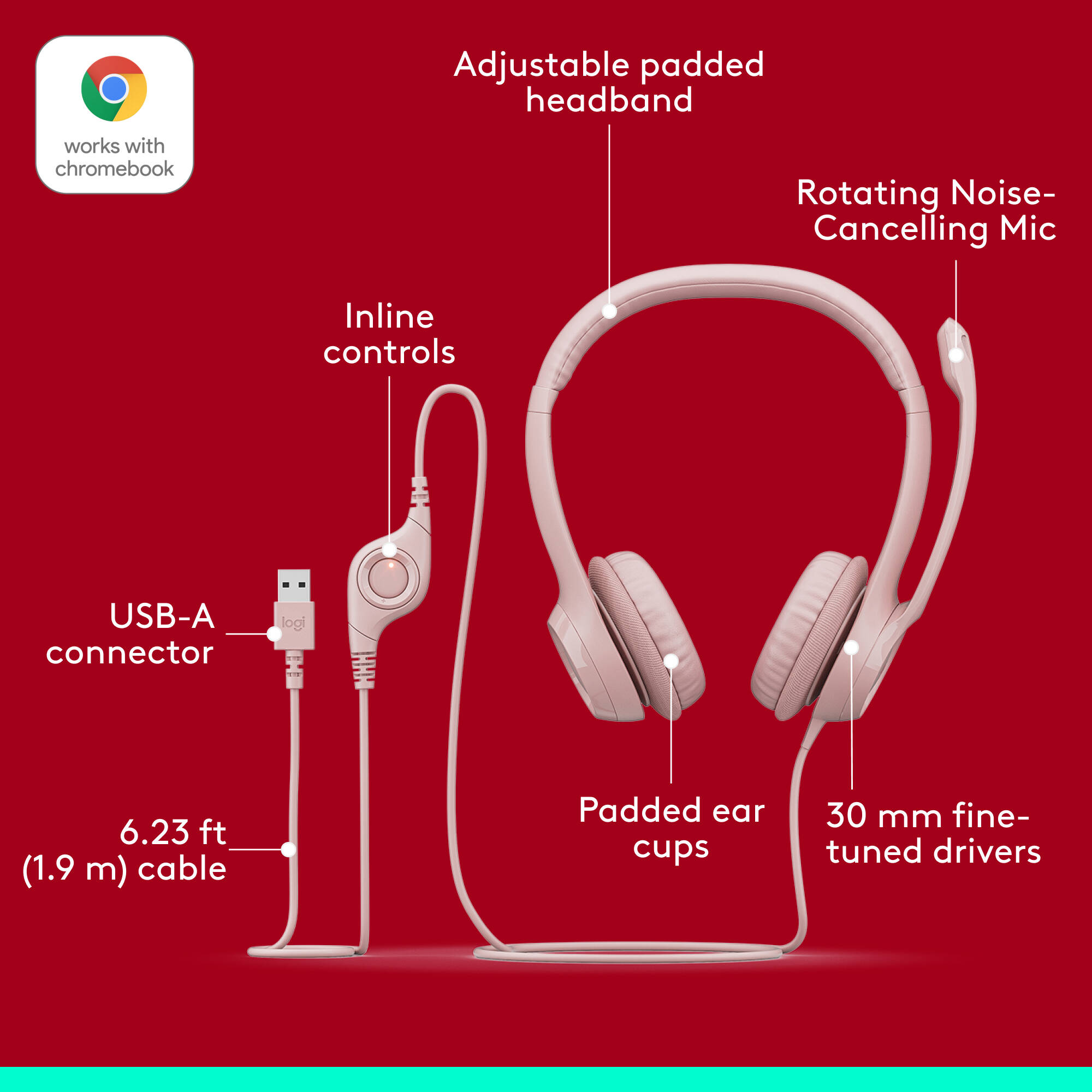 Logitech H390 USB computer headset in rose with wired USB connection and boom microphone — view 6