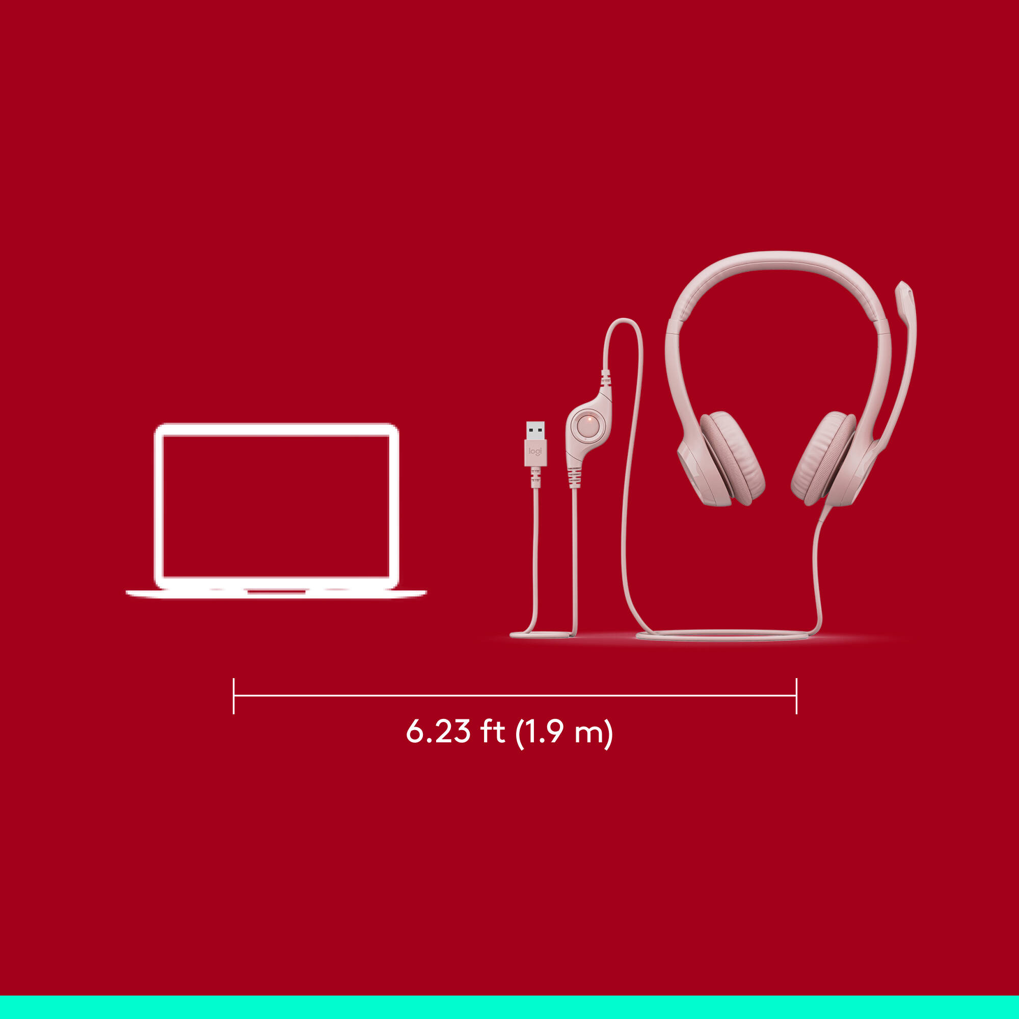 Logitech H390 USB computer headset in rose with wired USB connection and boom microphone — view 8