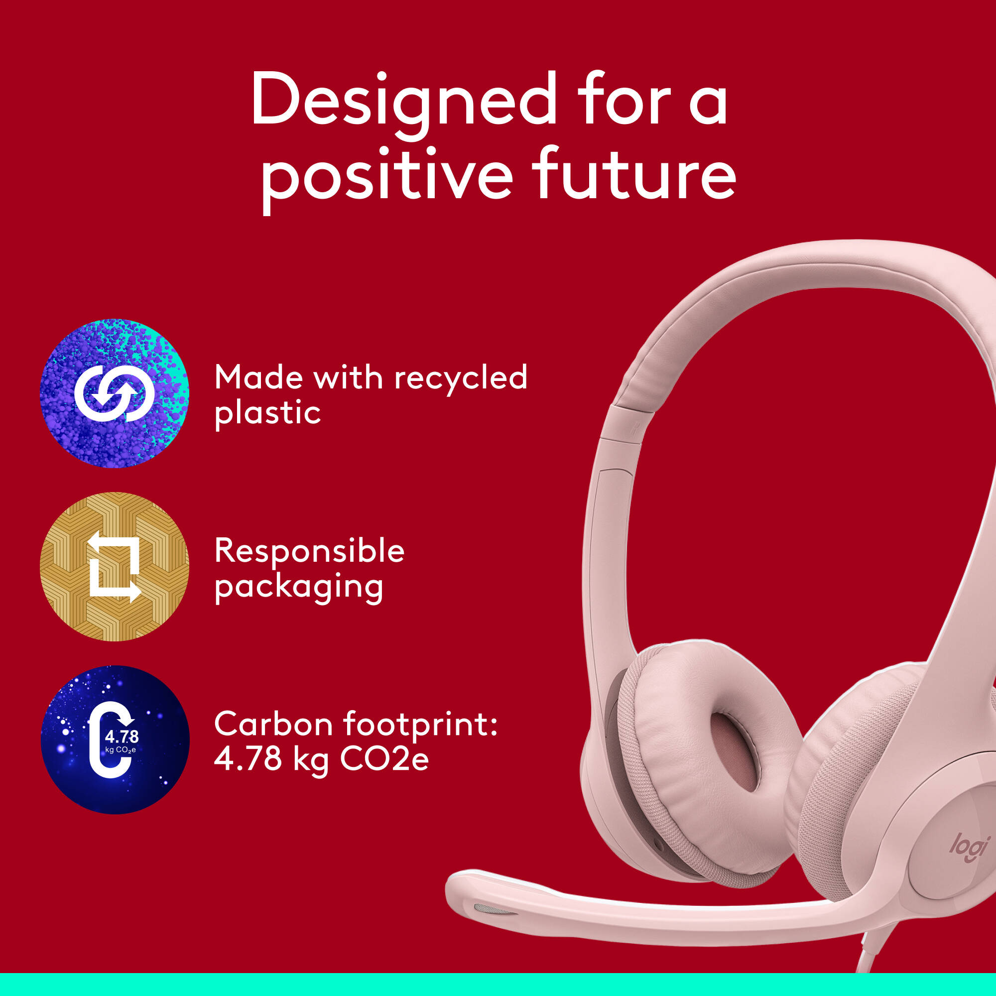 Logitech H390 USB computer headset in rose with wired USB connection and boom microphone — view 9