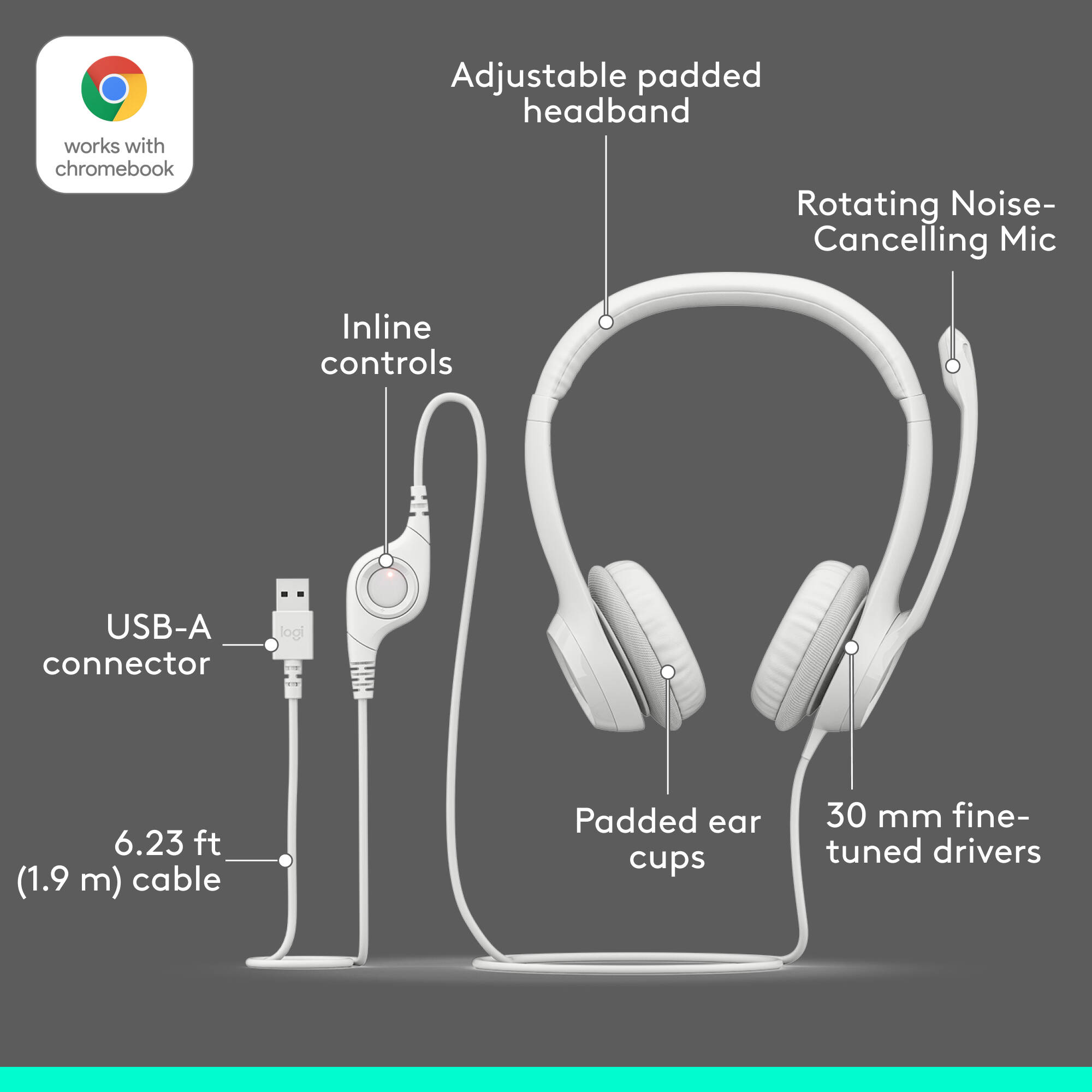 Logitech H390 white USB wired computer headset with over-ear design and boom microphone — view 6