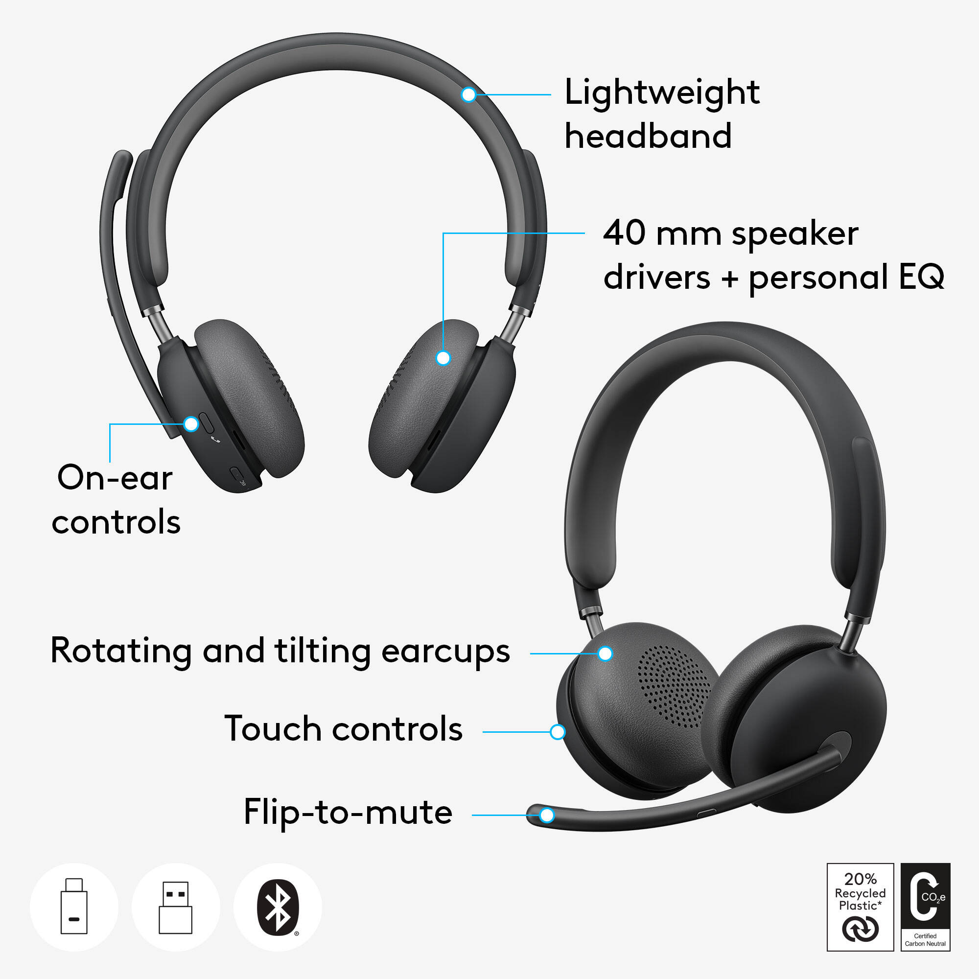 Logitech Zone Wireless 2 UC graphite wireless headset for business calls — view 9