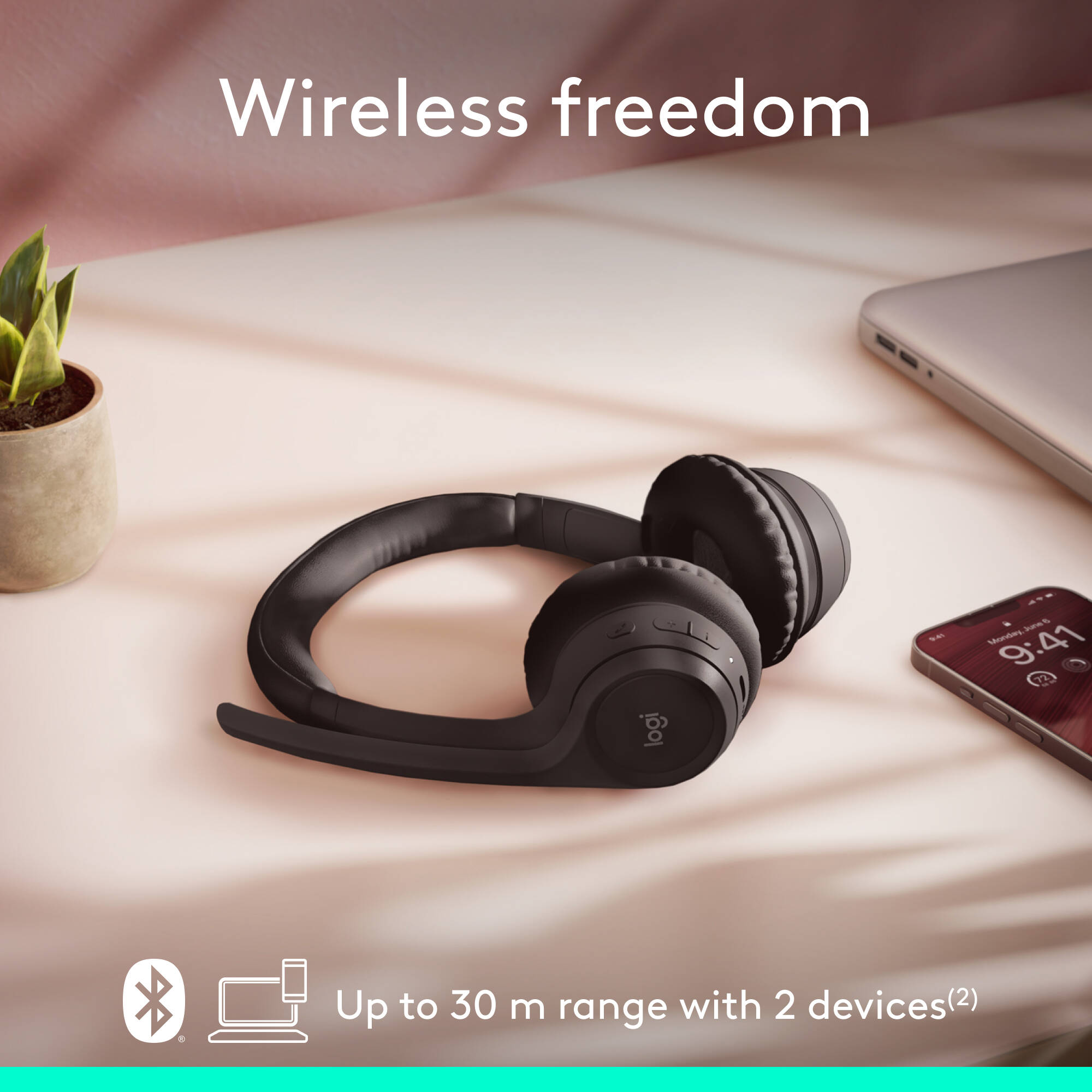 Logitech Zone 300 wireless headset in black with on-ear design and boom microphone — view 4