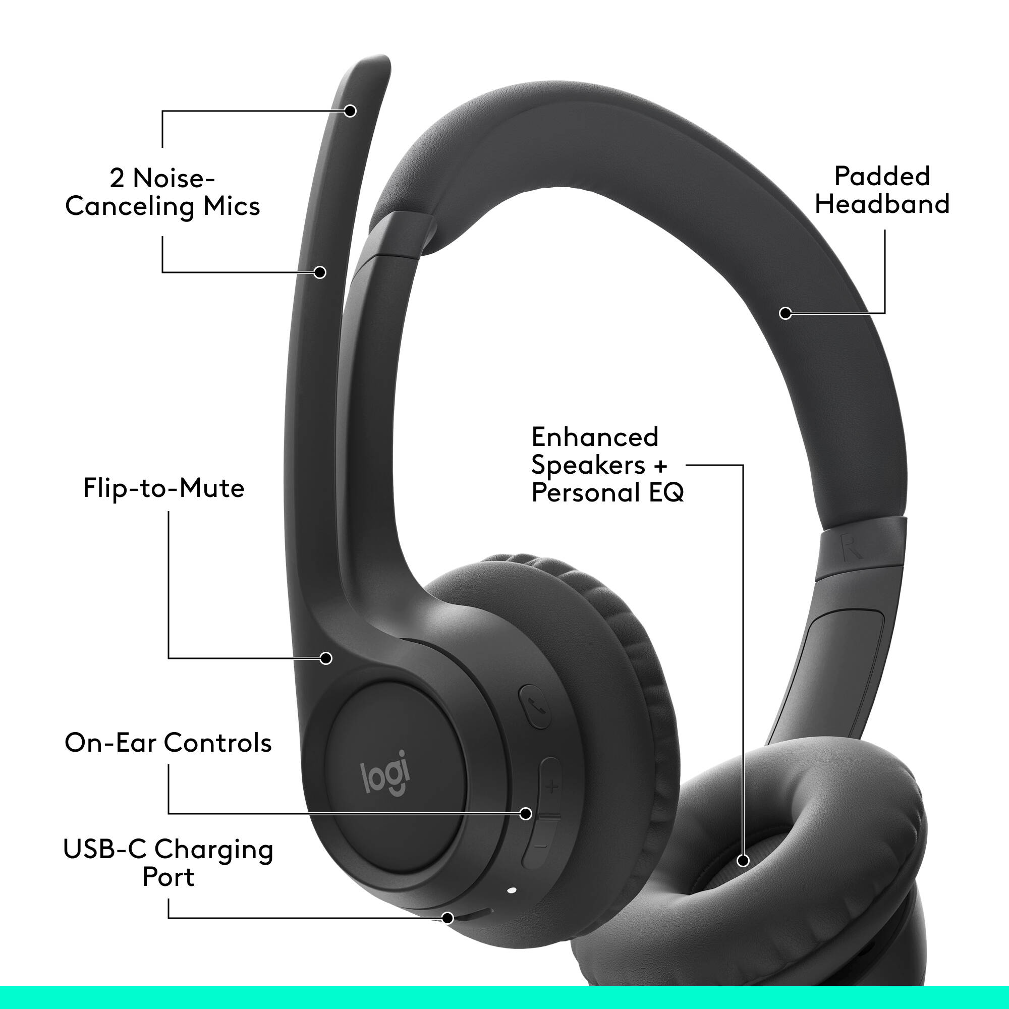 Logitech Zone 300 wireless headset in black with on-ear design and boom microphone — view 6