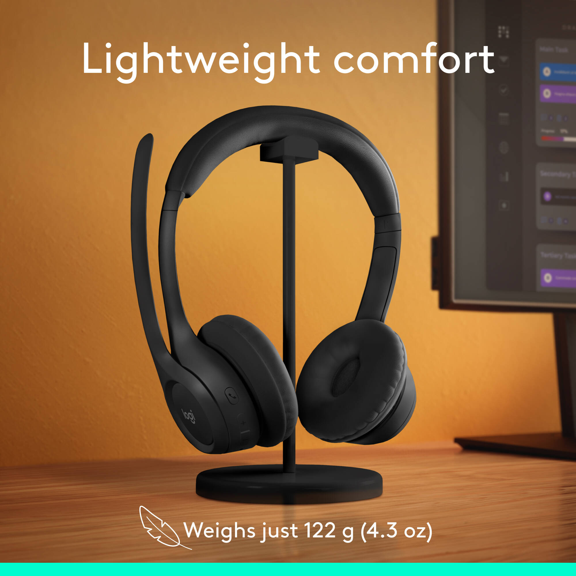 Logitech Zone 300 wireless headset in black with on-ear design and boom microphone — view 8