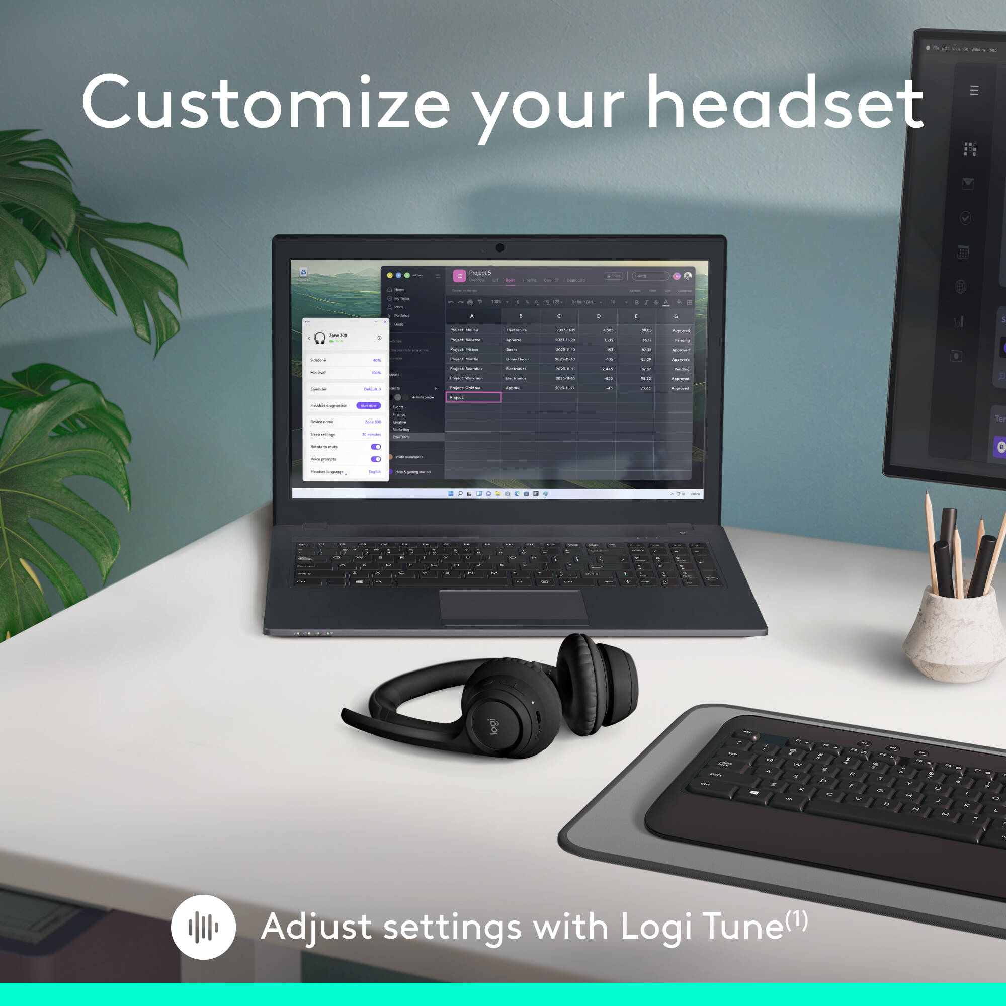 Logitech Zone 300 wireless headset in black with on-ear design and boom microphone — view 9