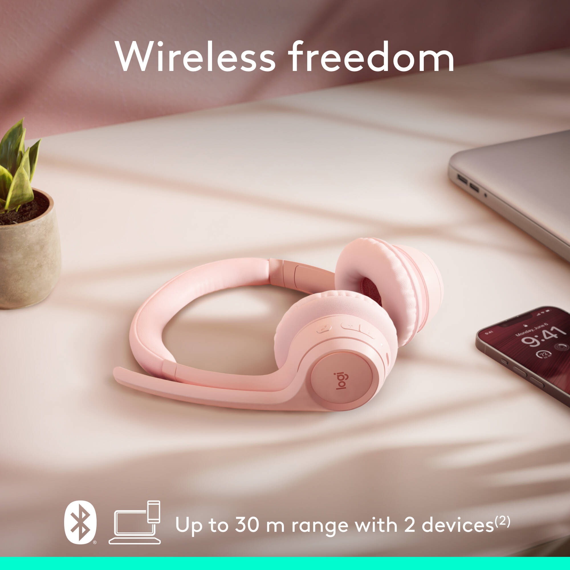 Logitech Zone 300 wireless headset in Rose with on-ear design and boom microphone — view 4