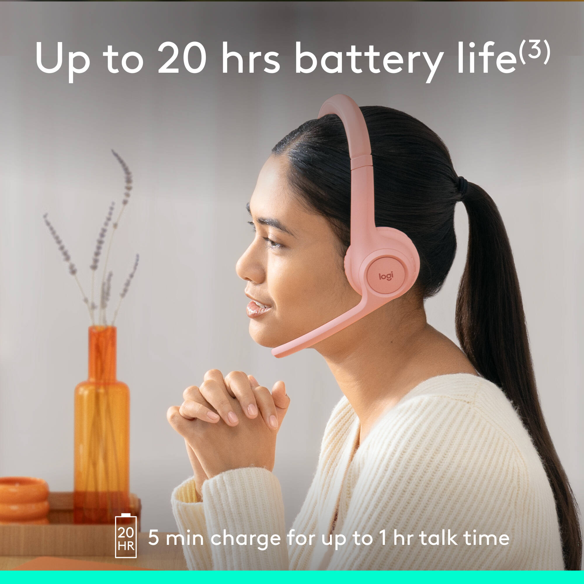 Logitech Zone 300 wireless headset in Rose with on-ear design and boom microphone — view 5