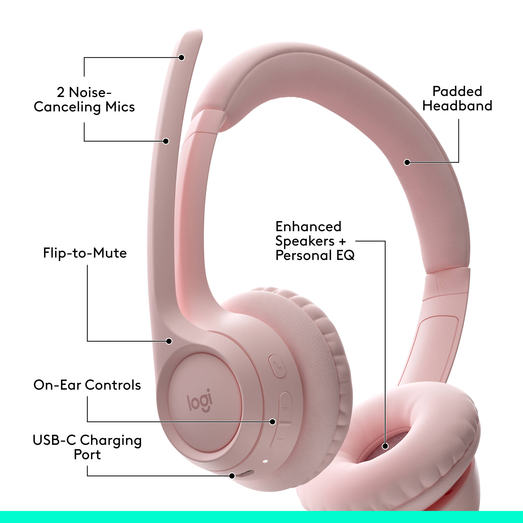 Logitech Zone 300 wireless headset in Rose with on-ear design and boom microphone — view 6