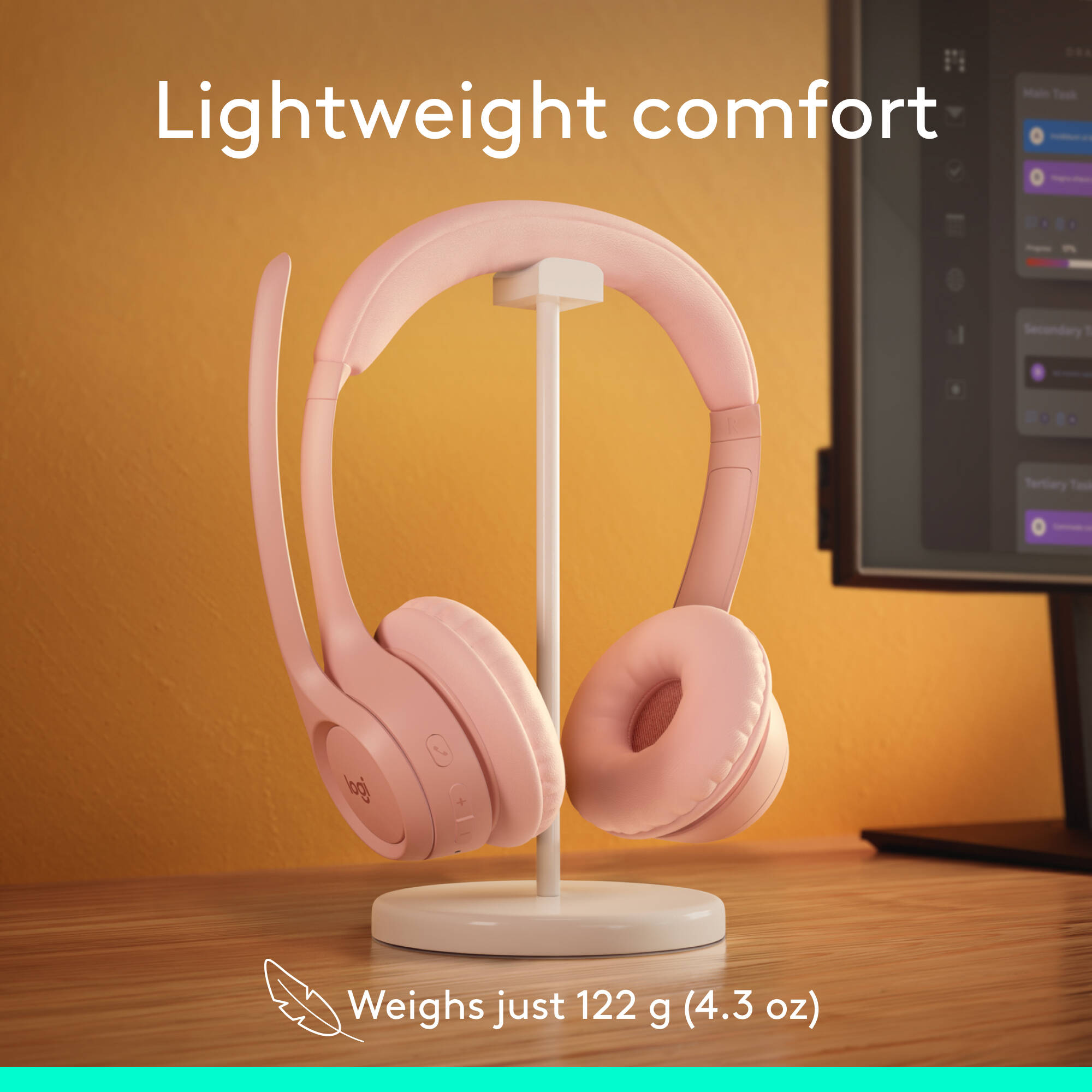 Logitech Zone 300 wireless headset in Rose with on-ear design and boom microphone — view 8