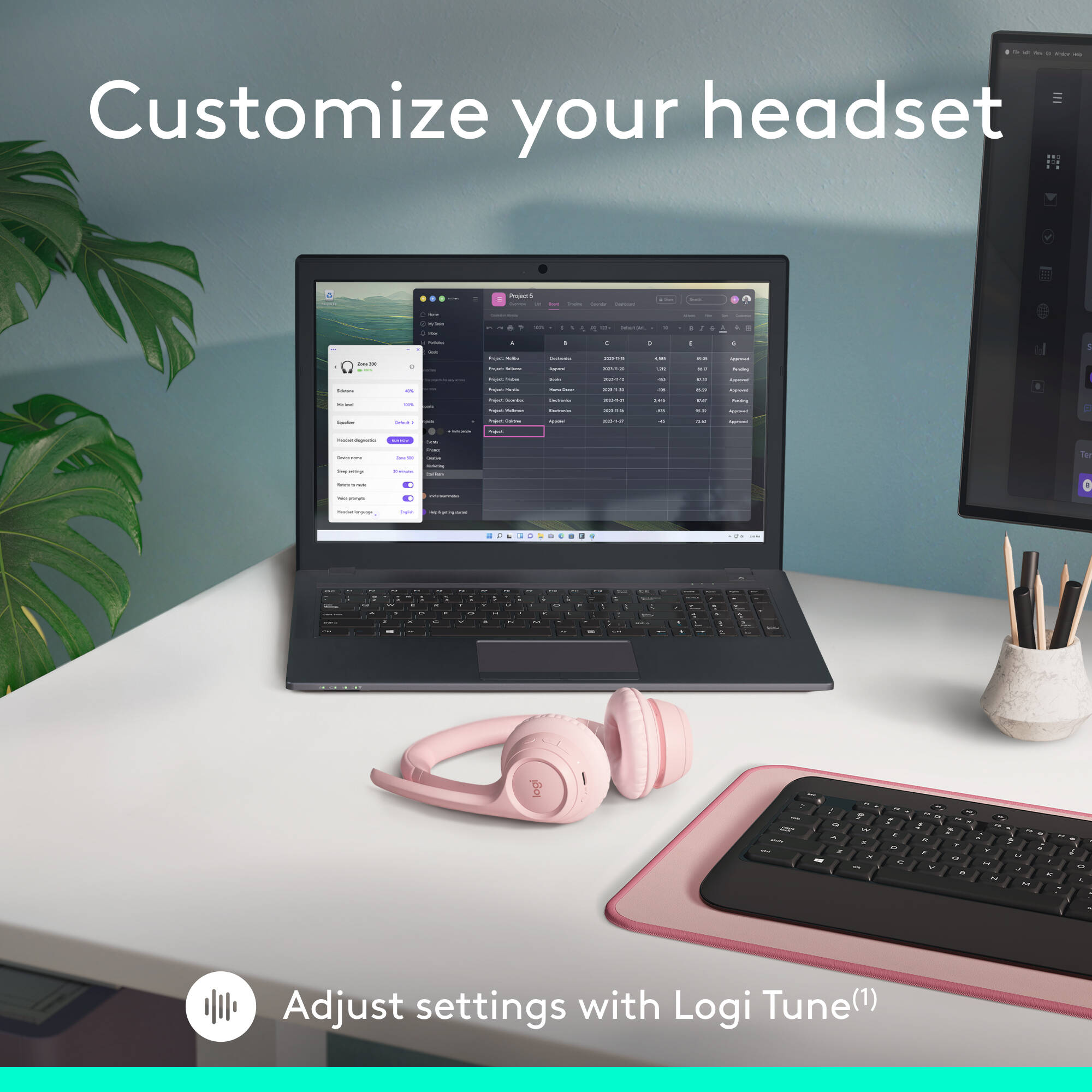 Logitech Zone 300 wireless headset in Rose with on-ear design and boom microphone — view 9