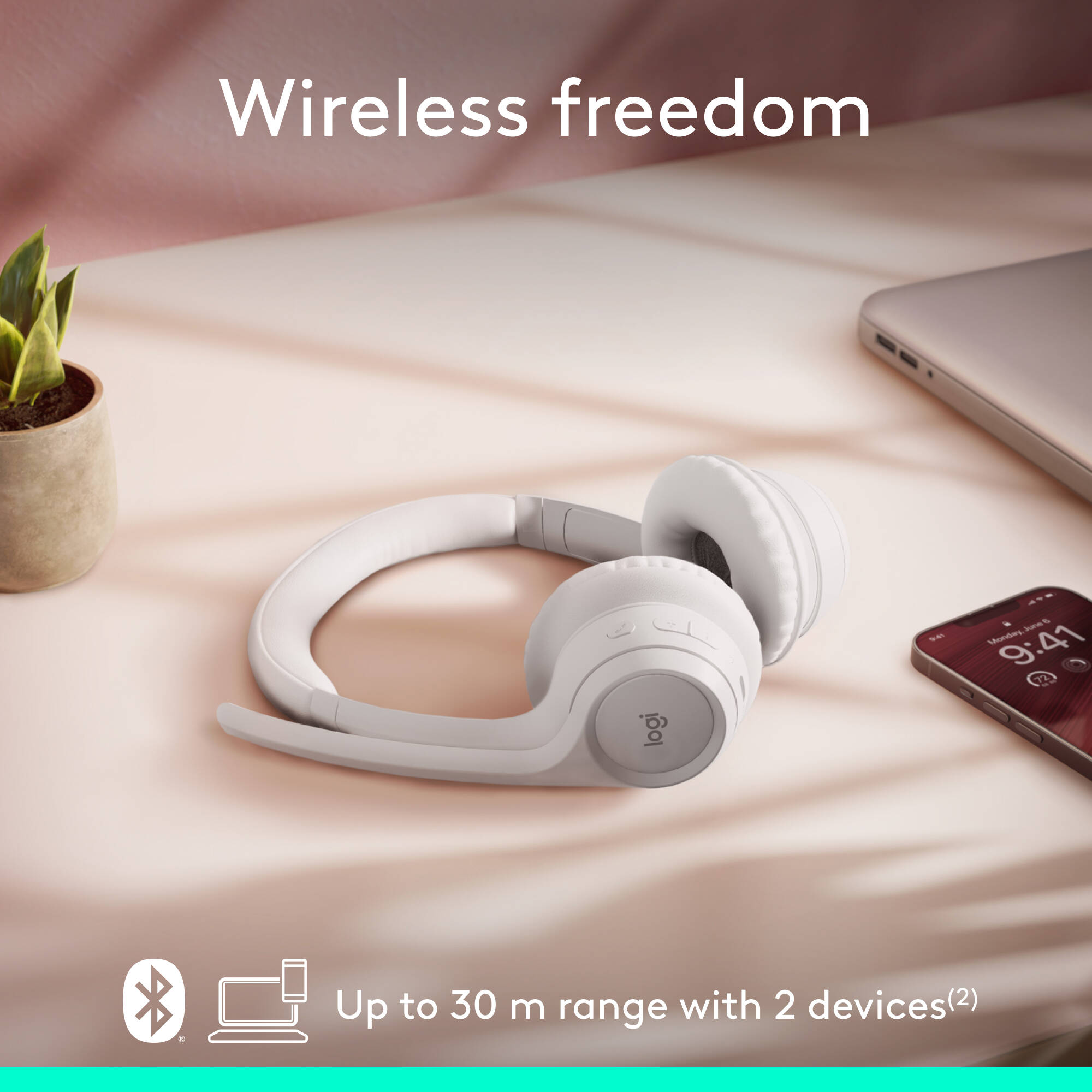Logitech Zone 300 Wireless Headset in Off White with Bluetooth connectivity and boom microphone — view 4