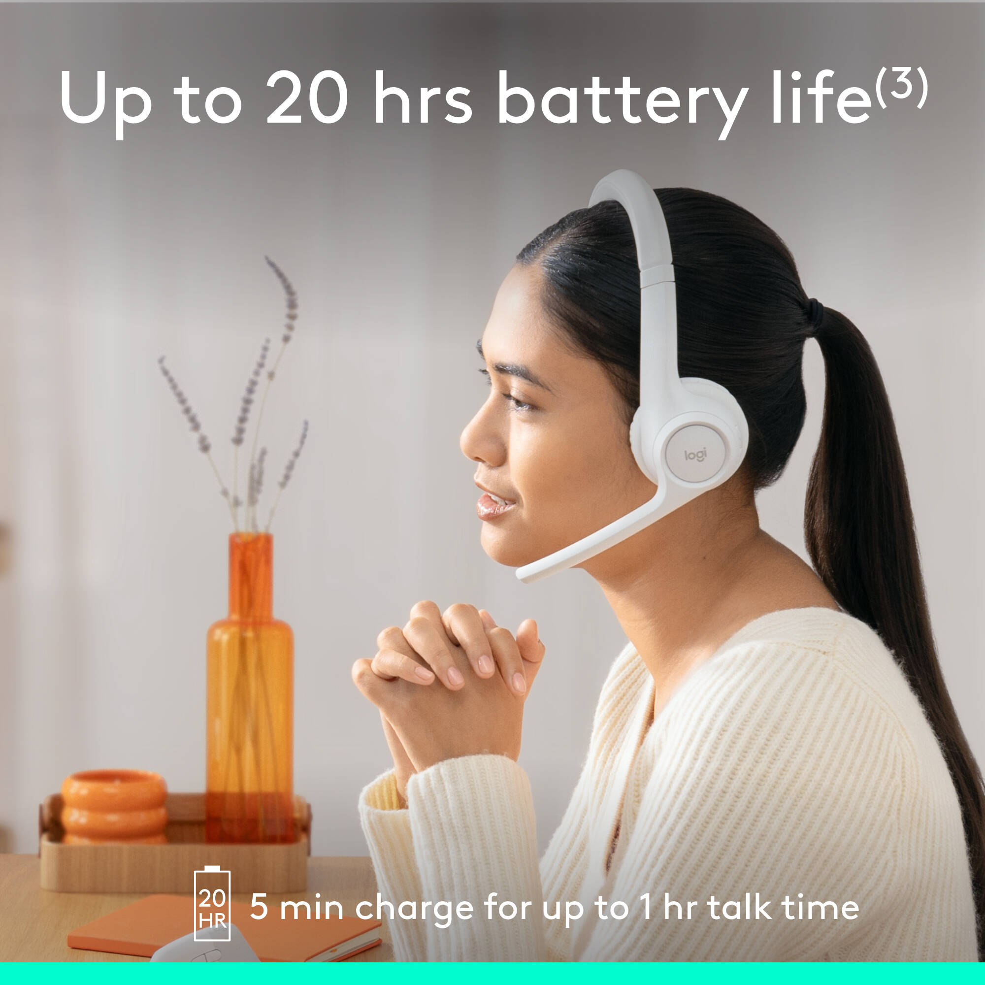 Logitech Zone 300 Wireless Headset in Off White with Bluetooth connectivity and boom microphone — view 5