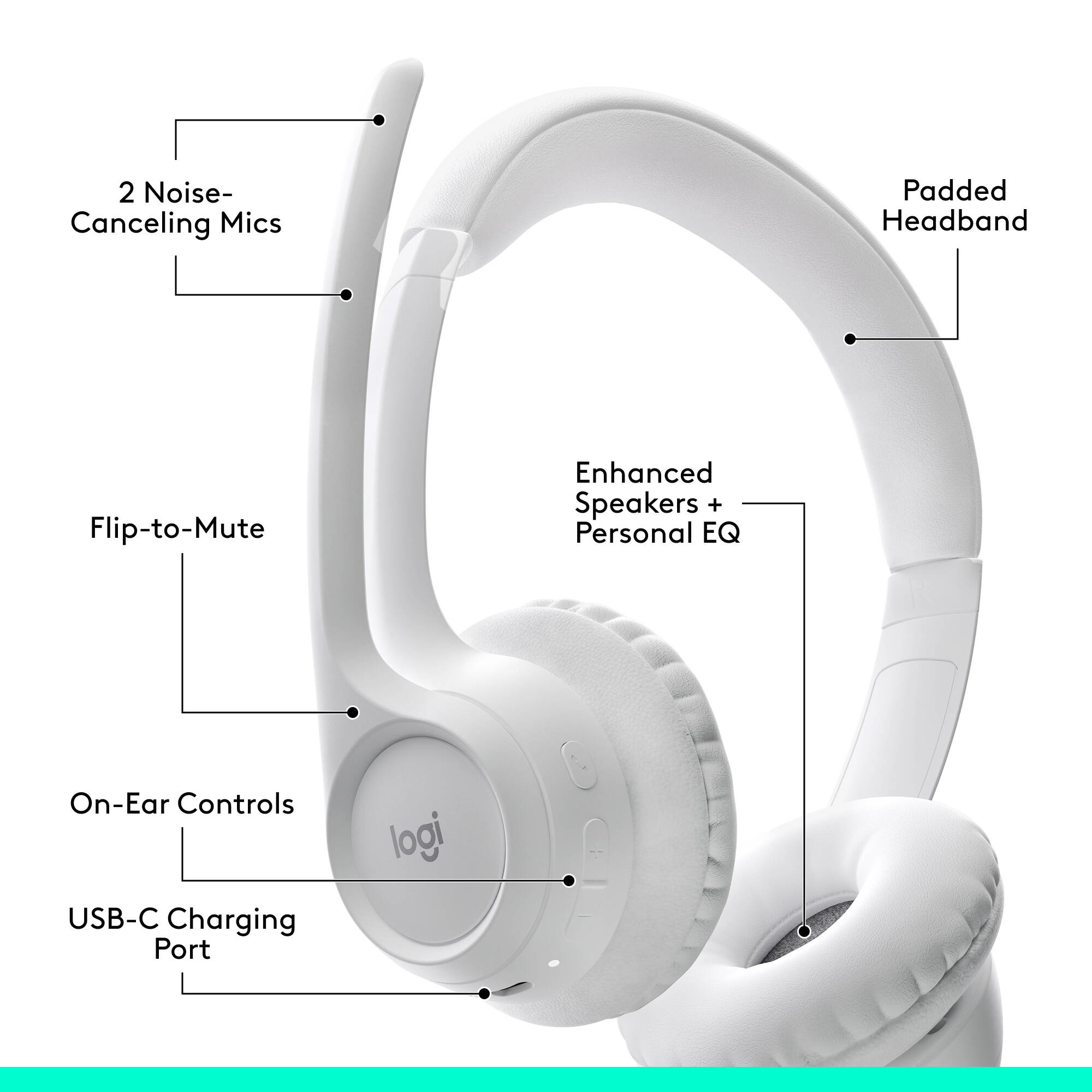 Logitech Zone 300 Wireless Headset in Off White with Bluetooth connectivity and boom microphone — view 6
