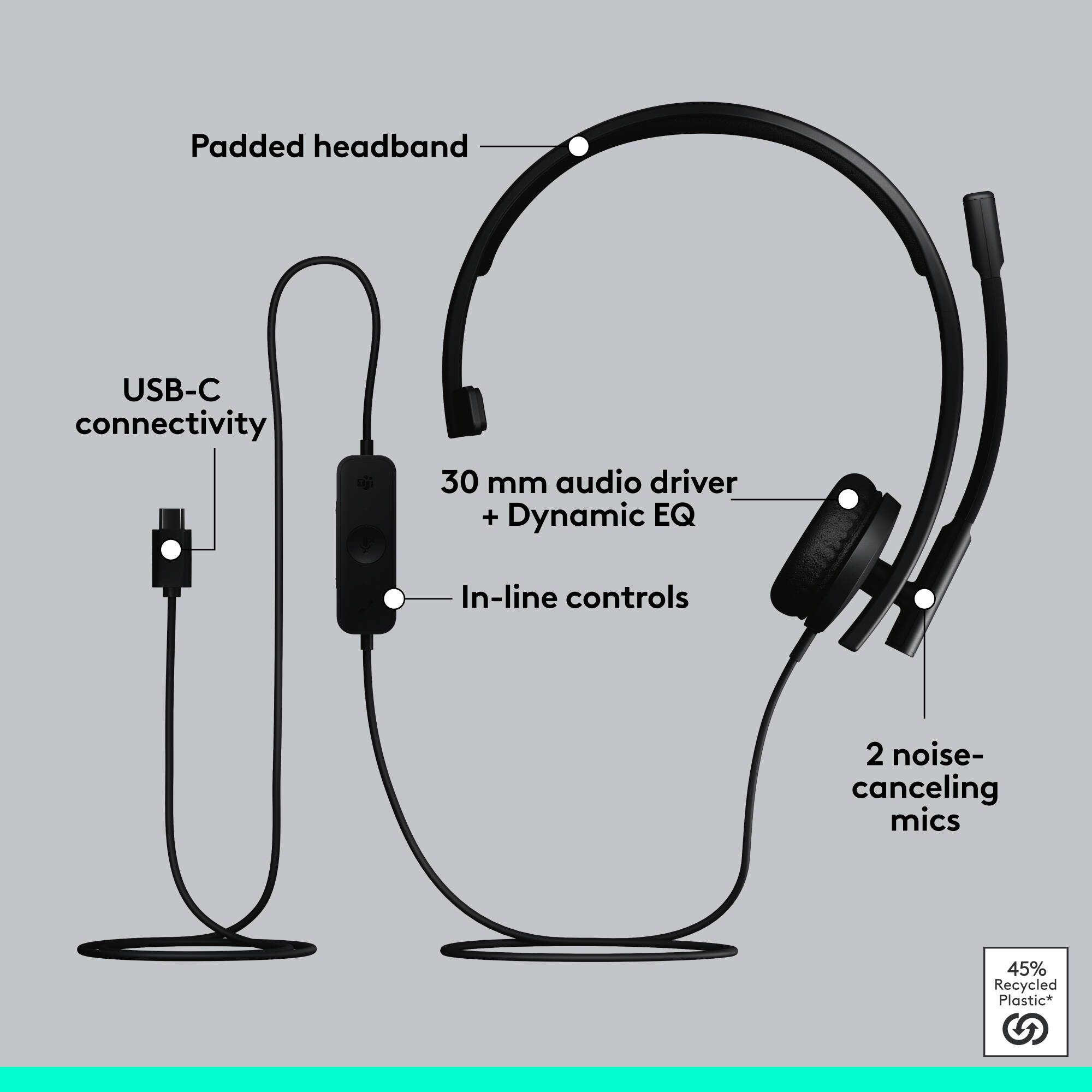 Logitech H570e Teams USB-C mono wired headset with boom microphone — view 6