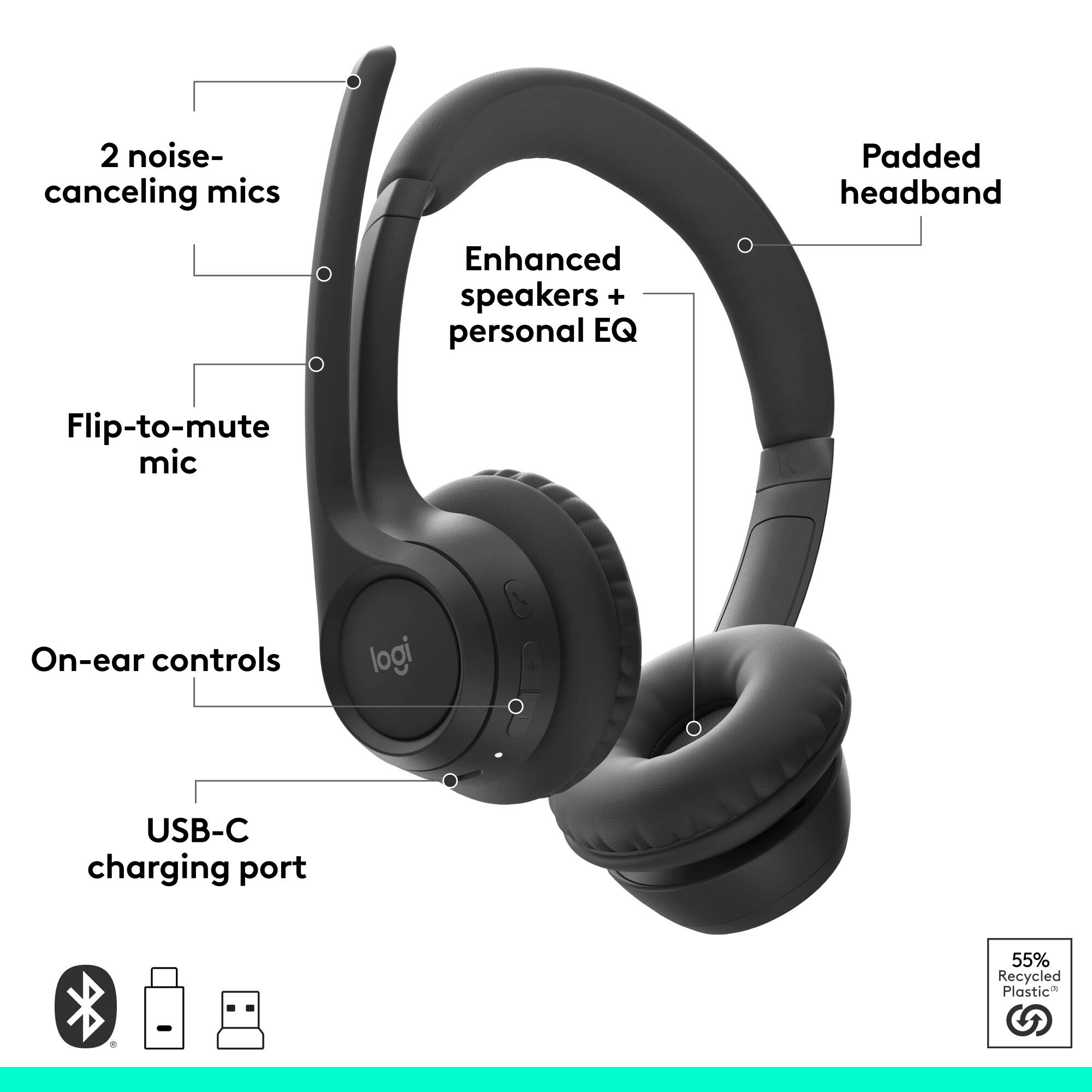 Logitech Zone 305 UC wireless headset with dongle for business calls — view 6