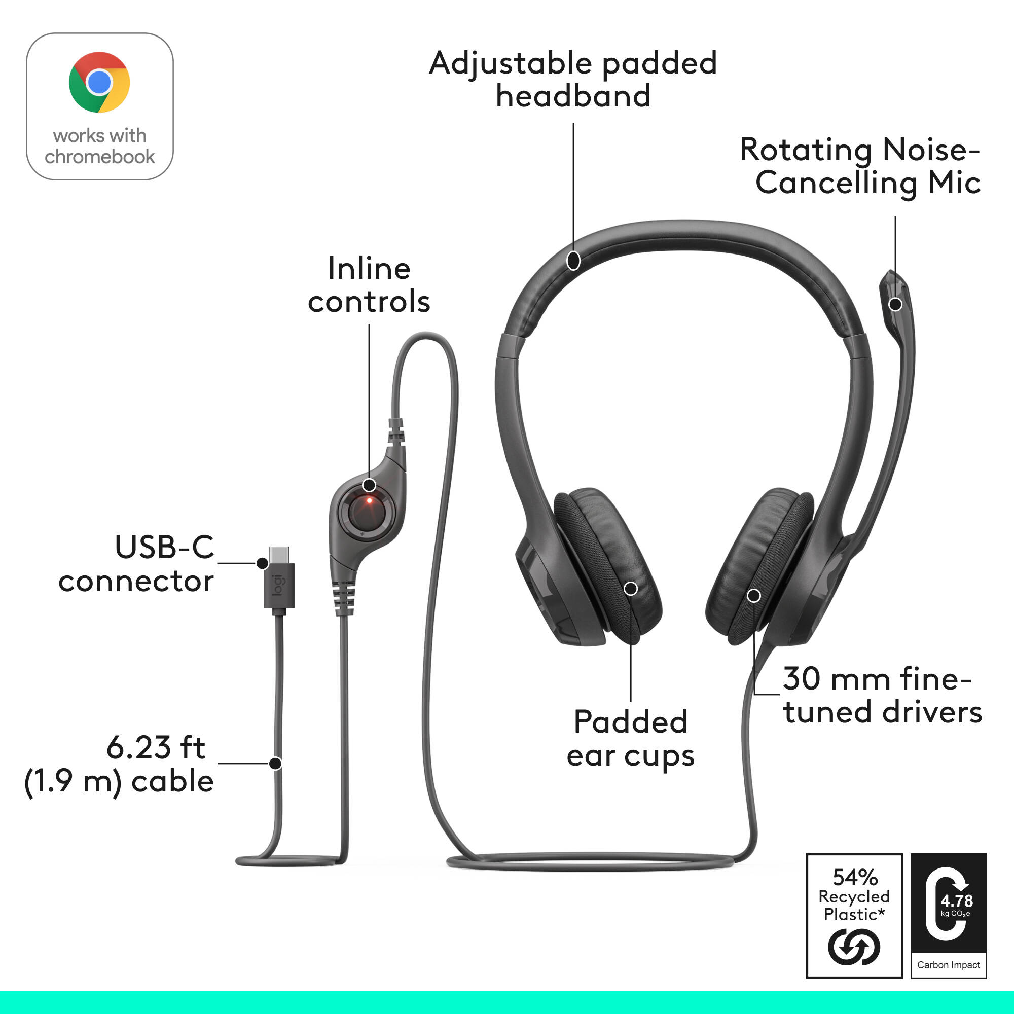 Logitech H390 USB-C wired computer headset in black with boom microphone — view 6