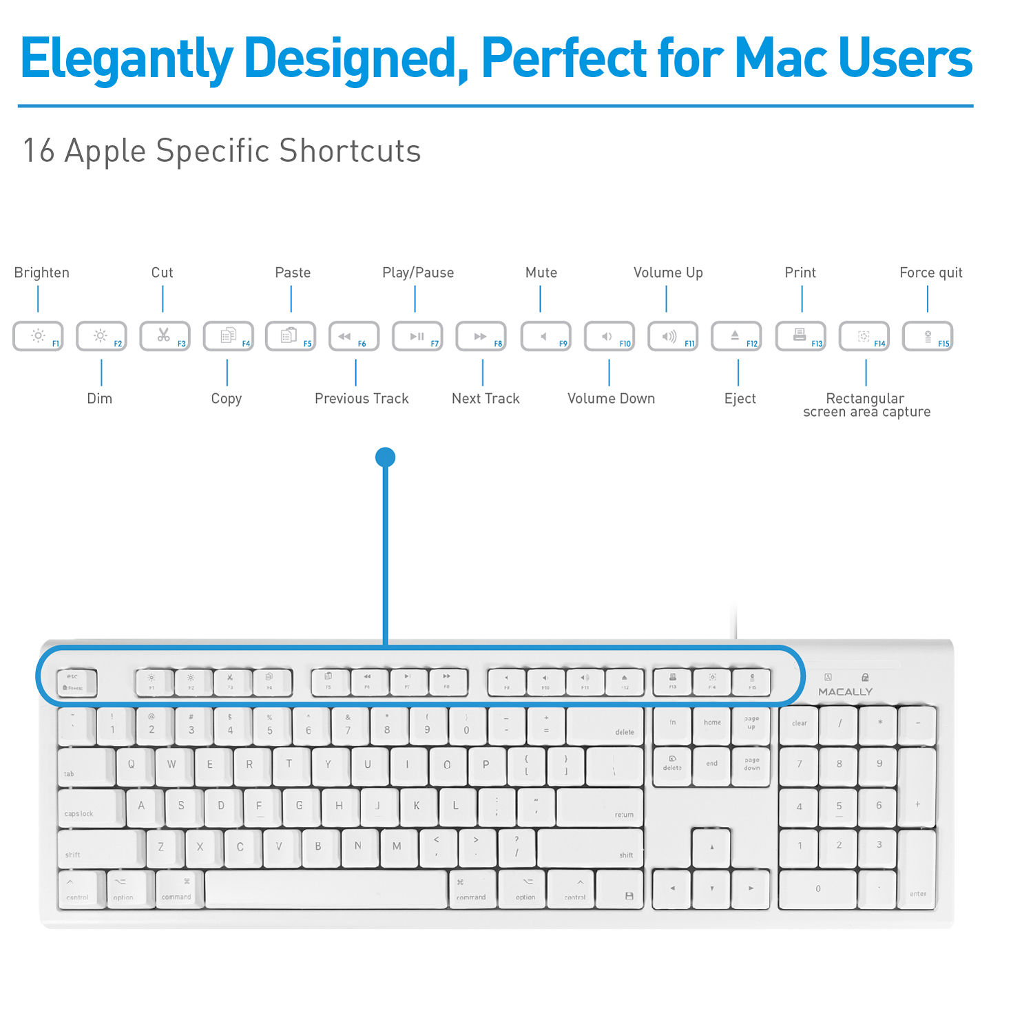 White 104-key USB keyboard for Mac by Macally — view 2